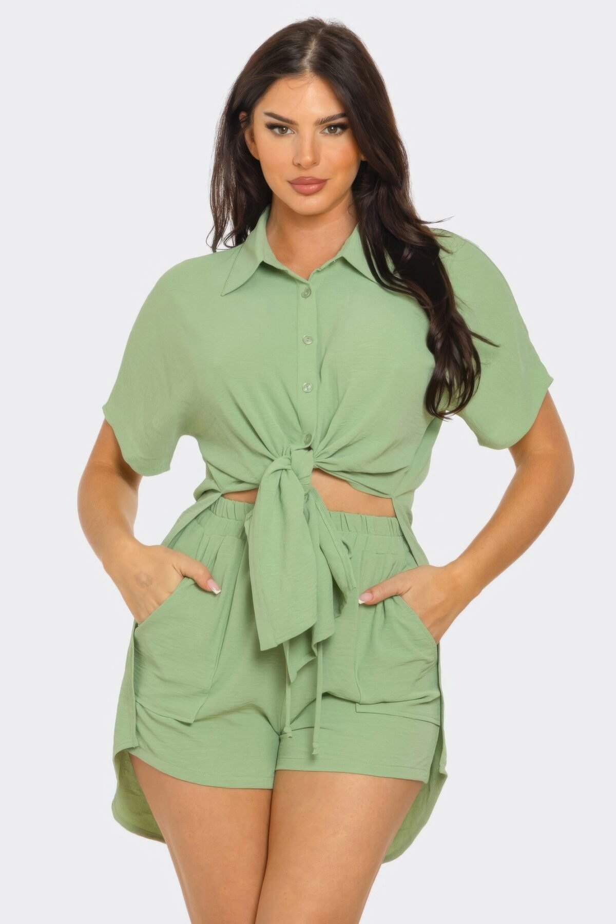 Front Tie Back Oversized Slit Top And Shorts Set - Image 1