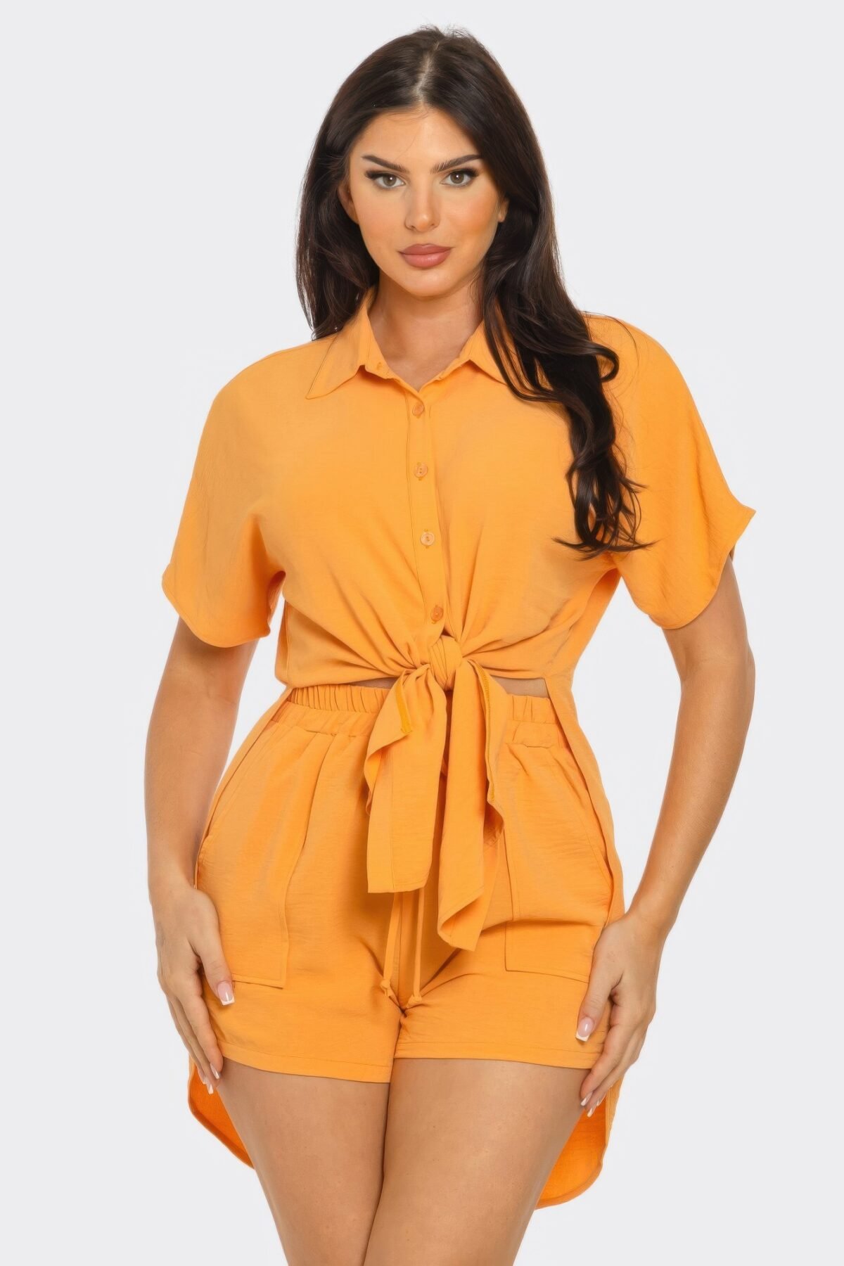 Front Tie Back Oversized Slit Top And Shorts Set - Image 1