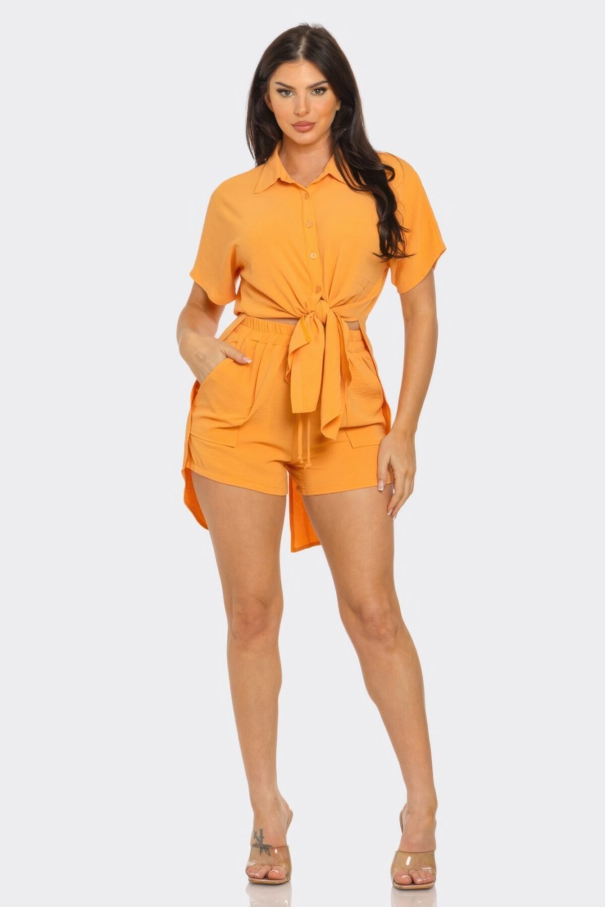 Front Tie Back Oversized Slit Top And Shorts Set - Image 2