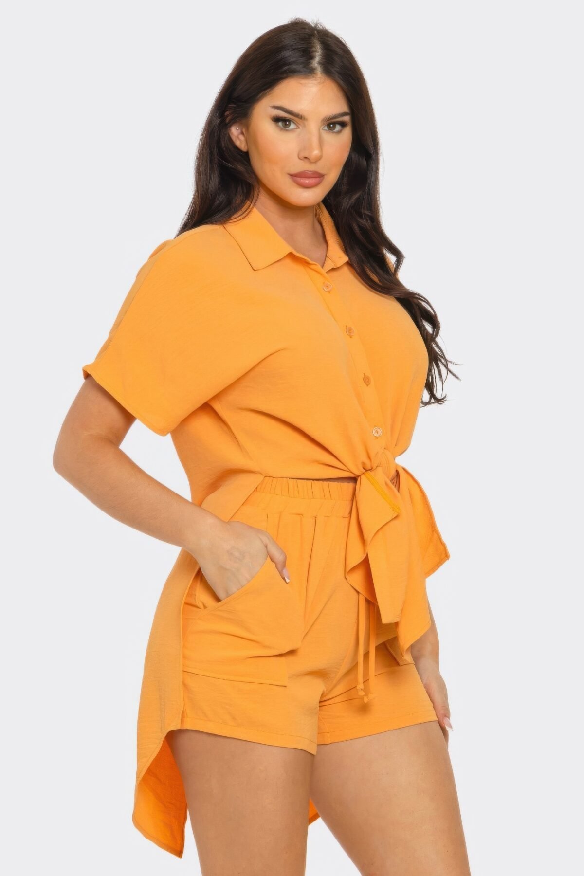 Front Tie Back Oversized Slit Top And Shorts Set - Image 3