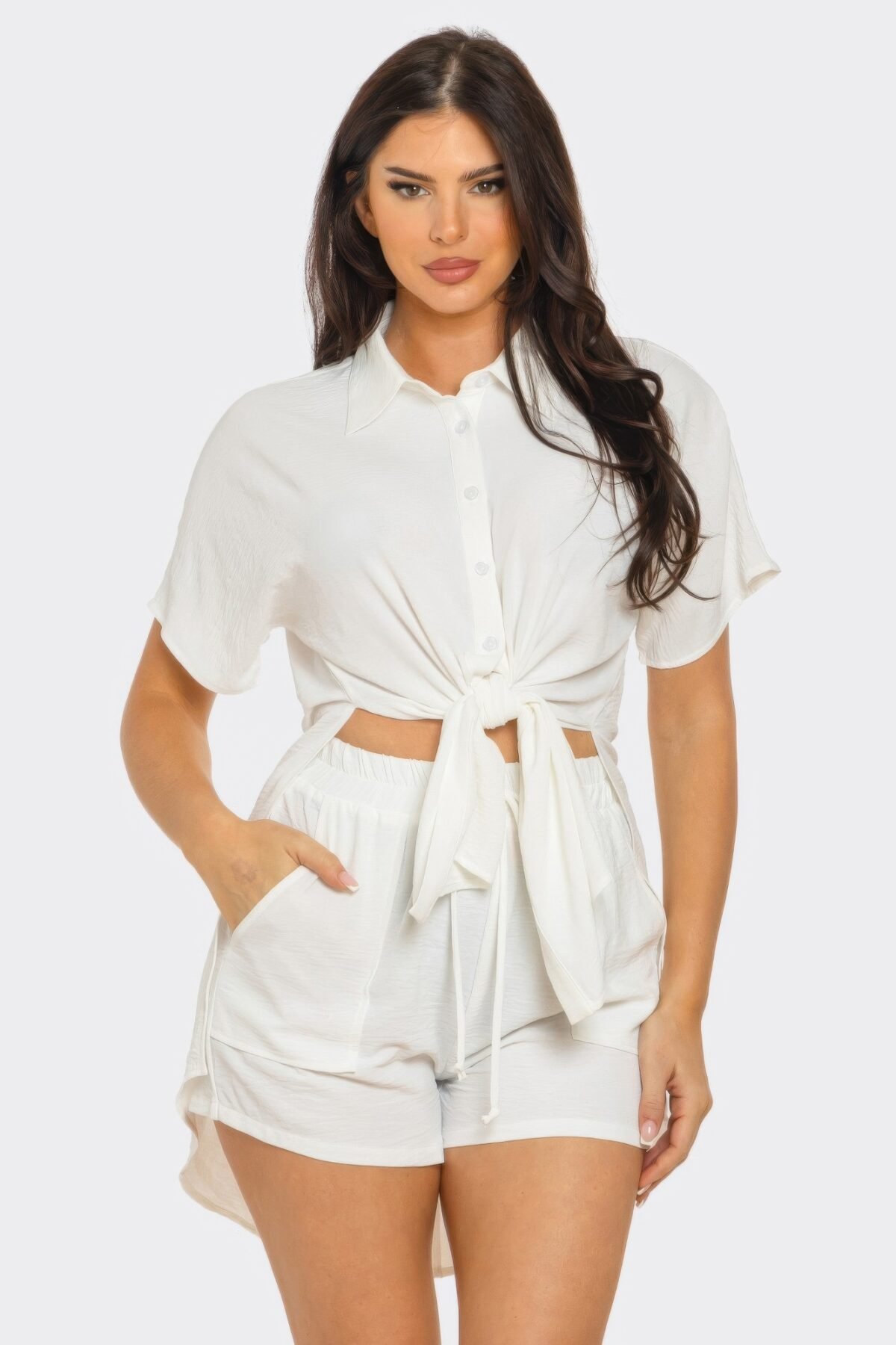 Front Tie Back Oversized Slit Top And Shorts Set - Image 1