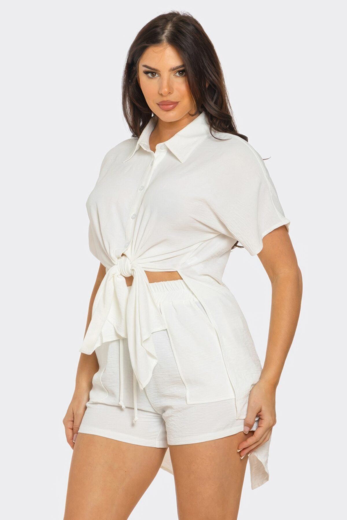 Front Tie Back Oversized Slit Top And Shorts Set - Image 3