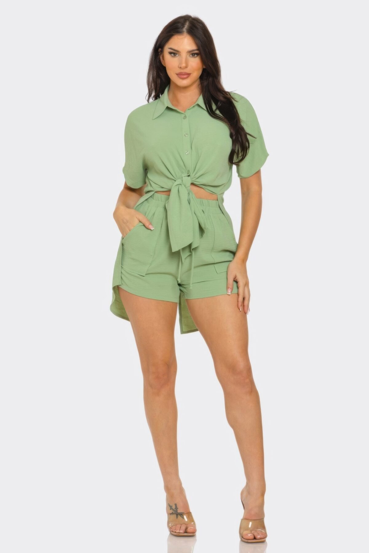 Front Tie Back Oversized Slit Top And Shorts Set - Image 2
