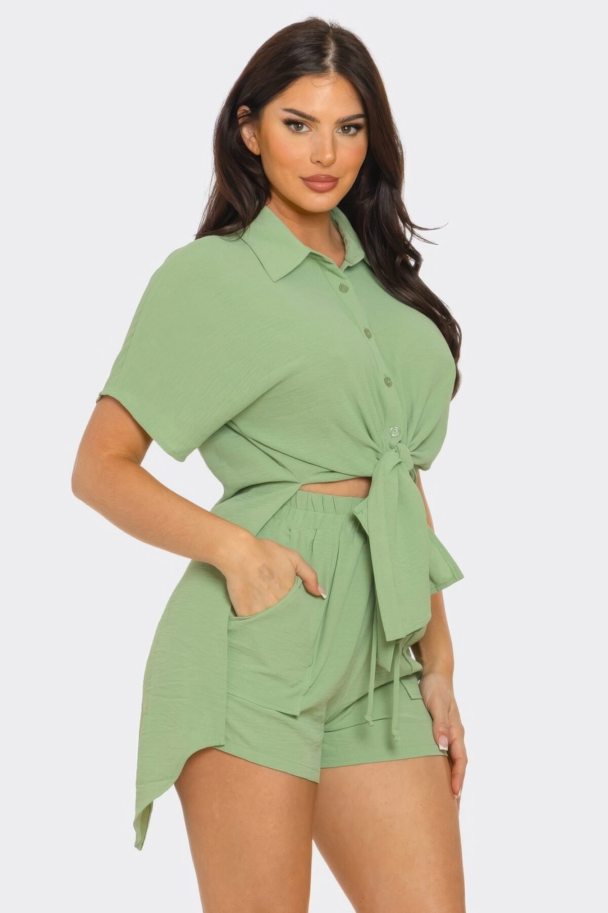 Front Tie Back Oversized Slit Top And Shorts Set - Image 3