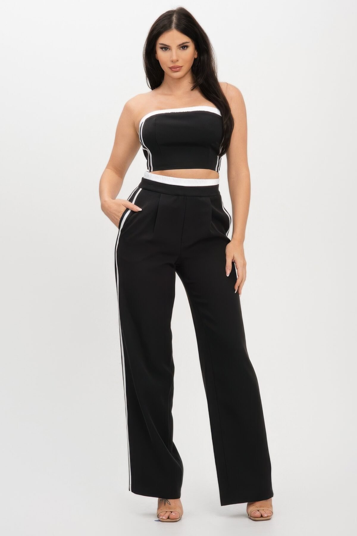 Stripe Tapping Contrast Elastic Band Toppants Set - Image 1