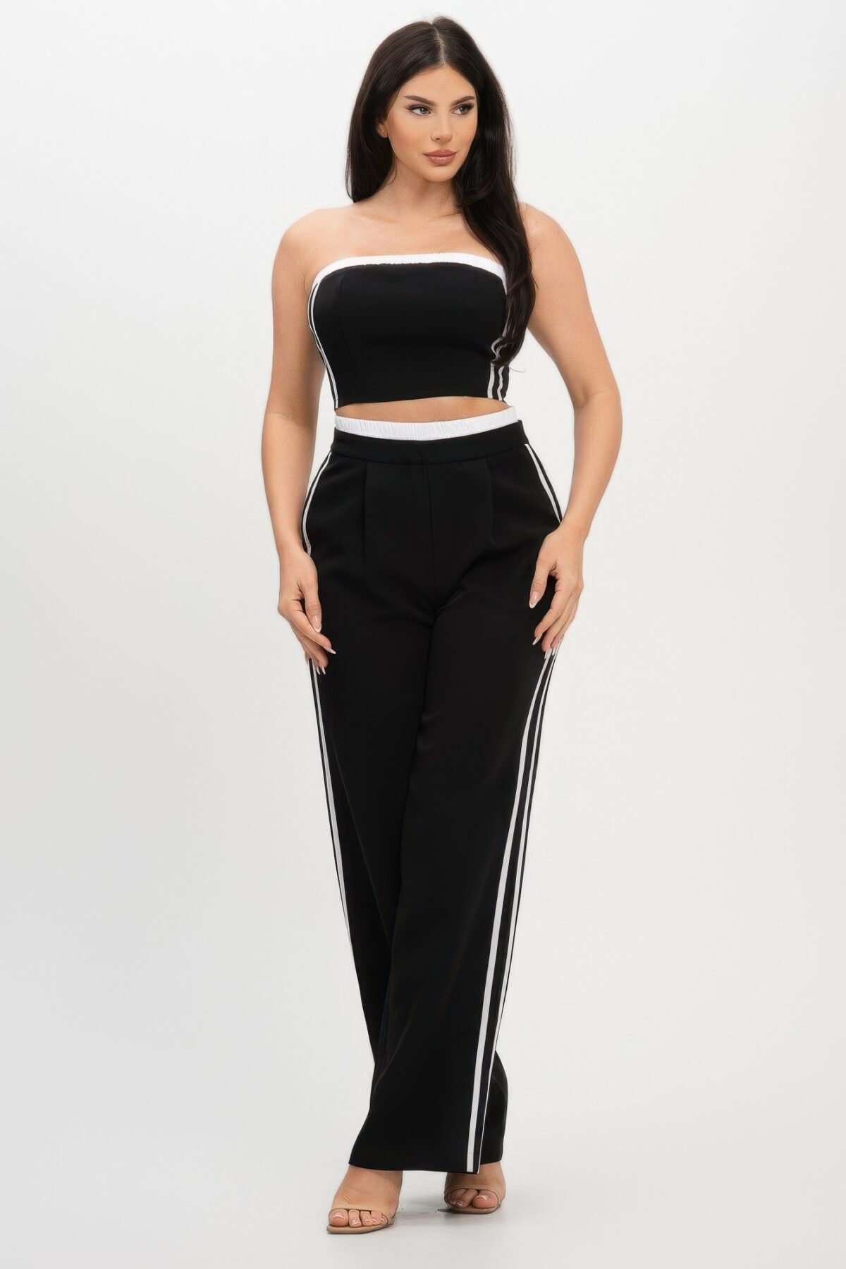 Stripe Tapping Contrast Elastic Band Toppants Set - Image 2