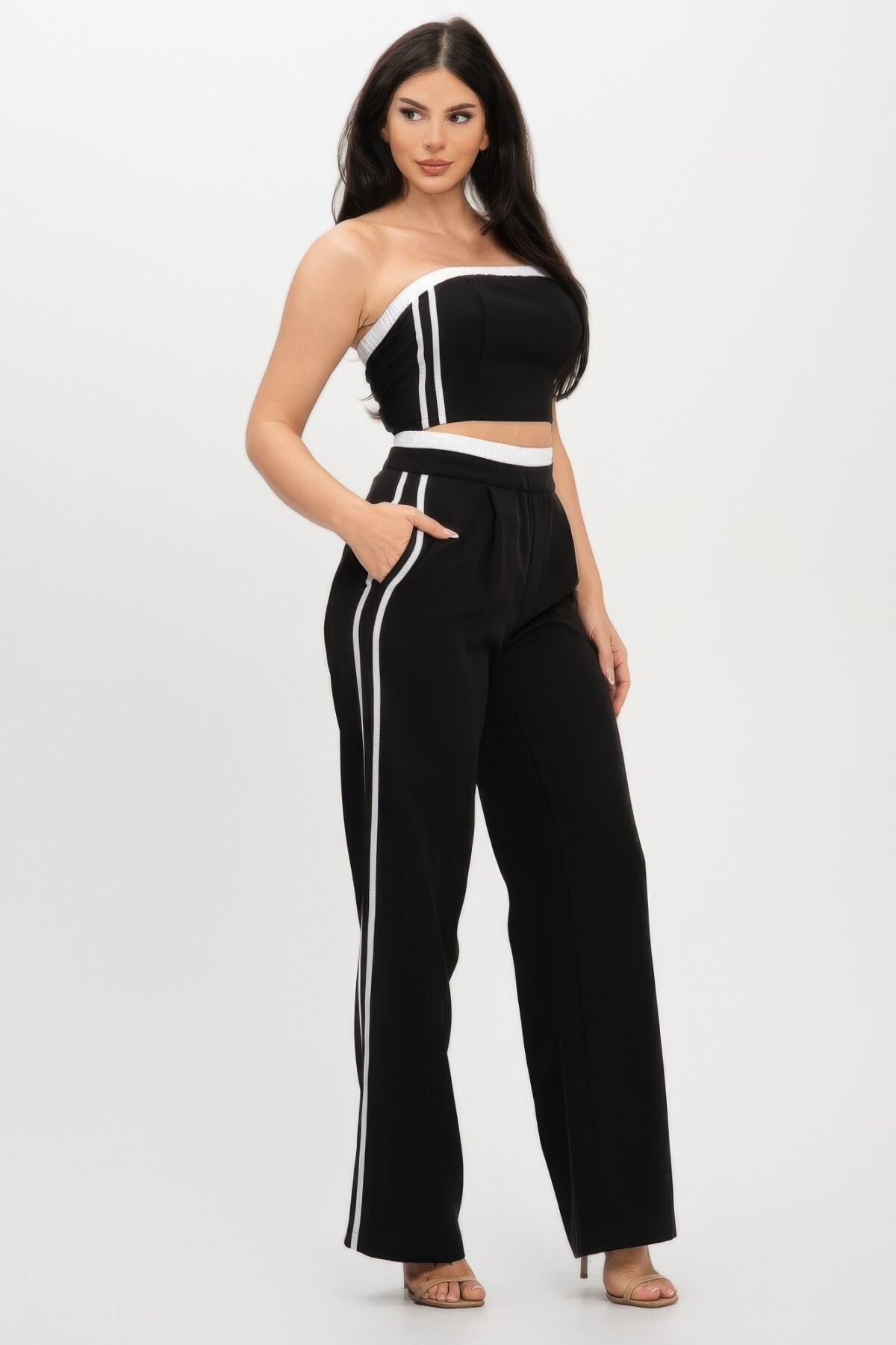 Stripe Tapping Contrast Elastic Band Toppants Set - Image 3