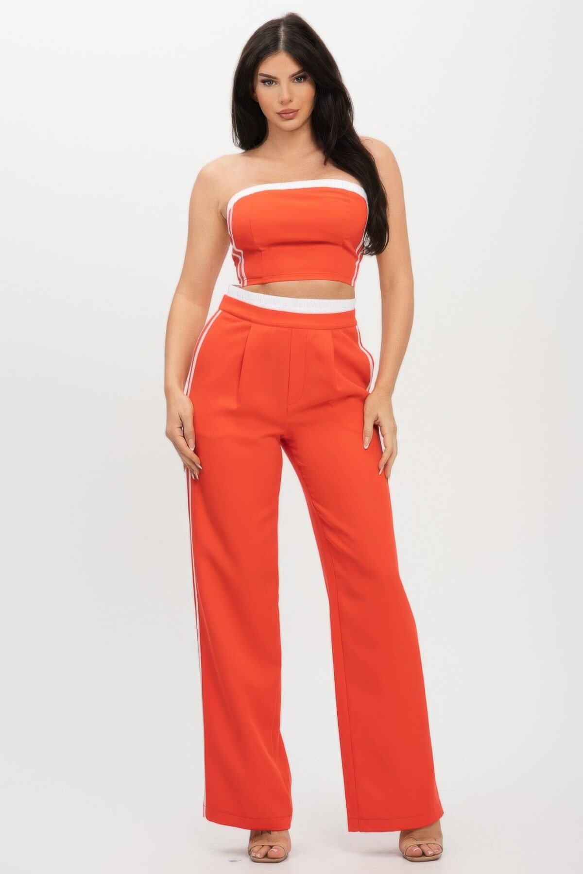 Stripe Tapping Contrast Elastic Band Toppants Set - Image 1