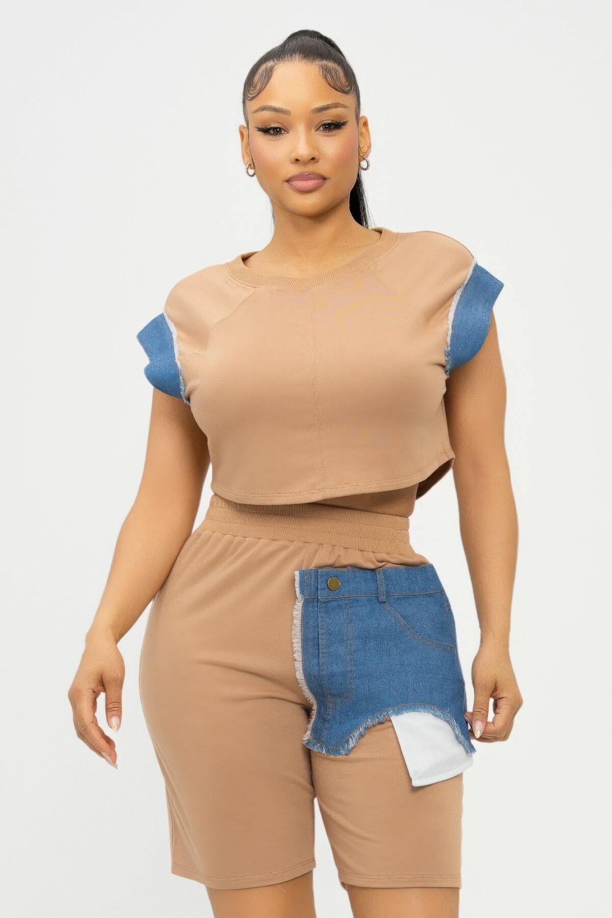 Color Block Denim Sleeve Top And Biker Shorts Set - Image 1