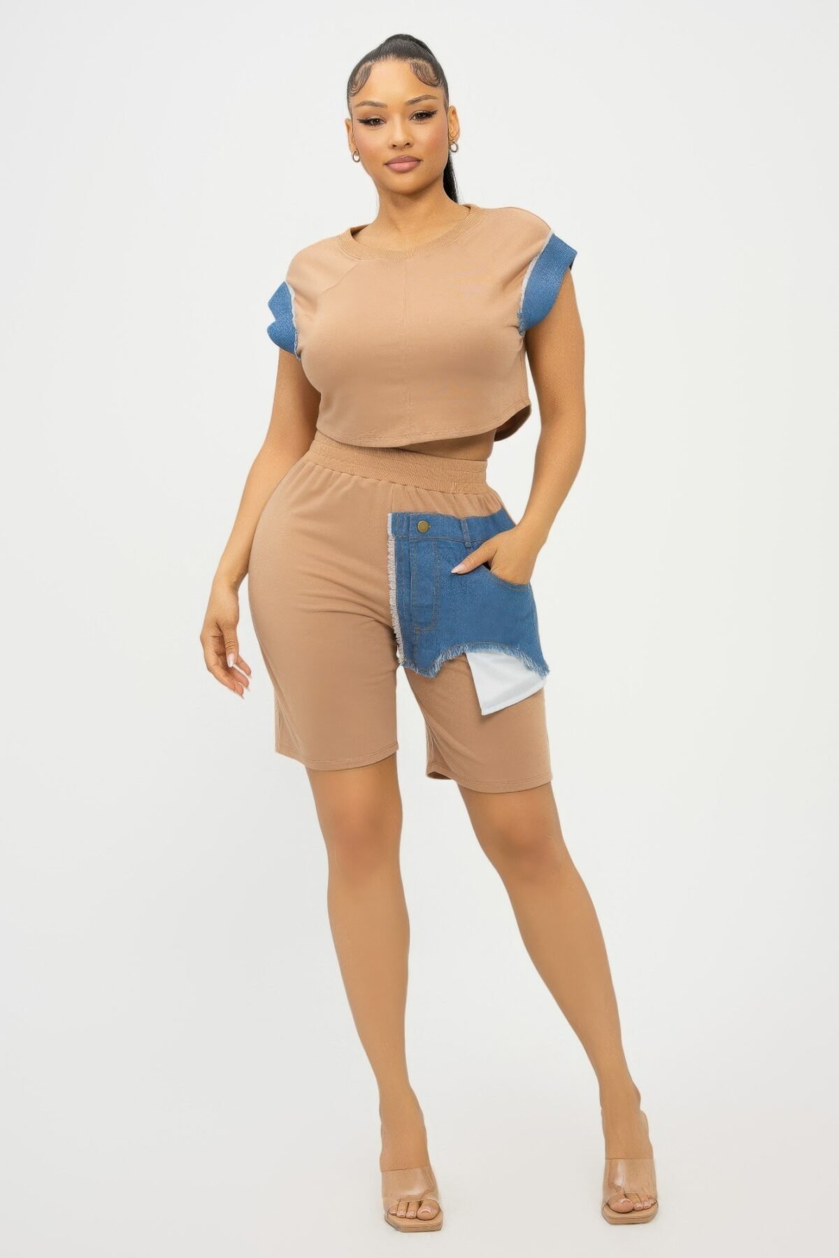 Color Block Denim Sleeve Top And Biker Shorts Set - Image 2