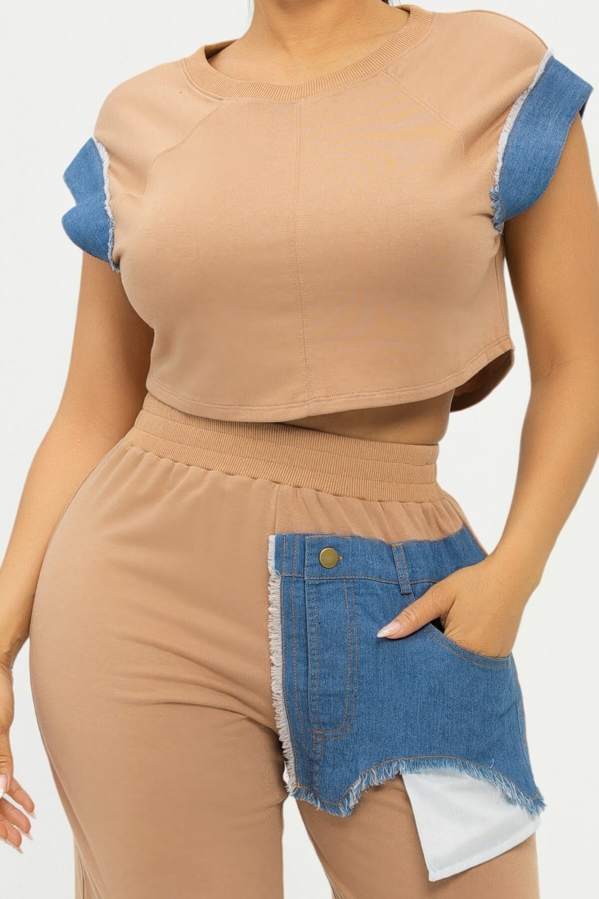 Color Block Denim Sleeve Top And Biker Shorts Set - Image 5