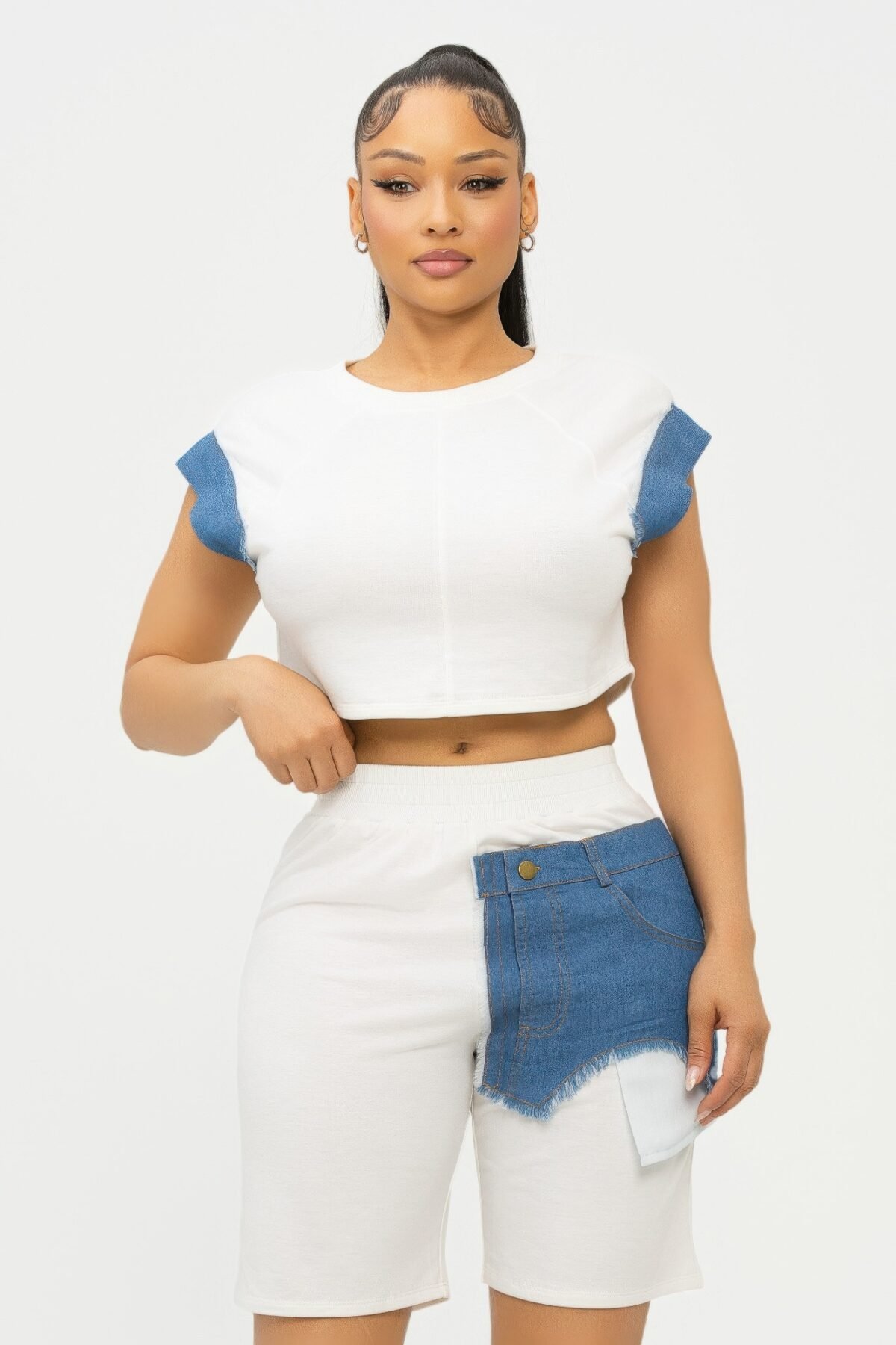 Color Block Denim Sleeve Top And Biker Shorts Set - Image 1
