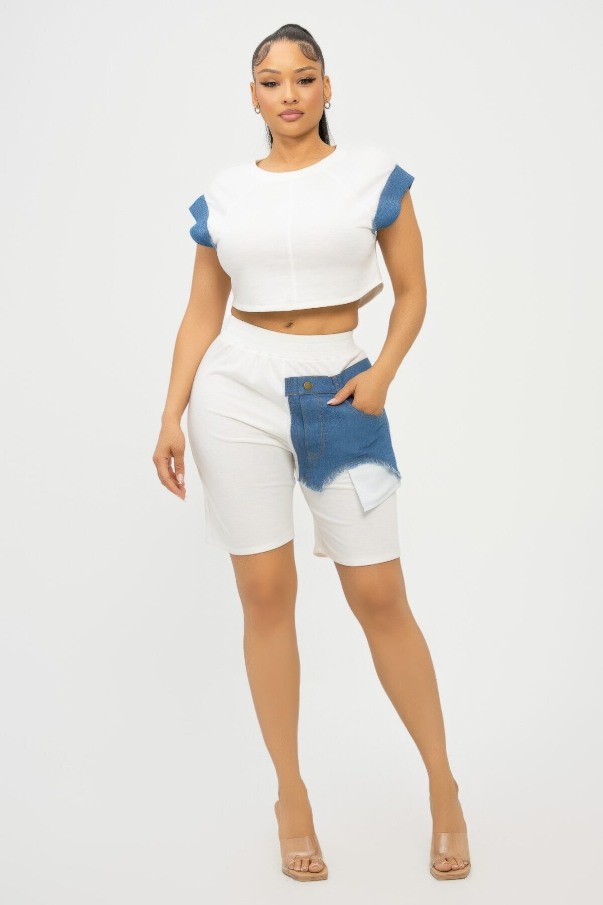 Color Block Denim Sleeve Top And Biker Shorts Set - Image 2