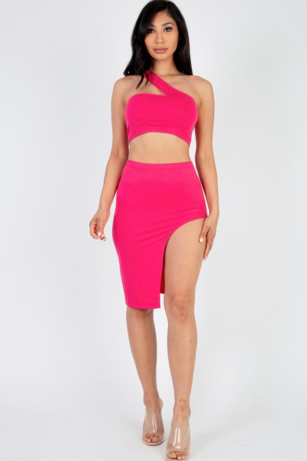 Sexy Solid One Shoulder Crop Top & Split Thigh Midi Skirt Set - Image 1