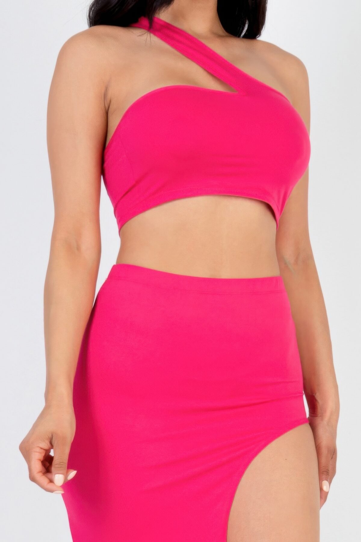 Sexy Solid One Shoulder Crop Top & Split Thigh Midi Skirt Set - Image 4