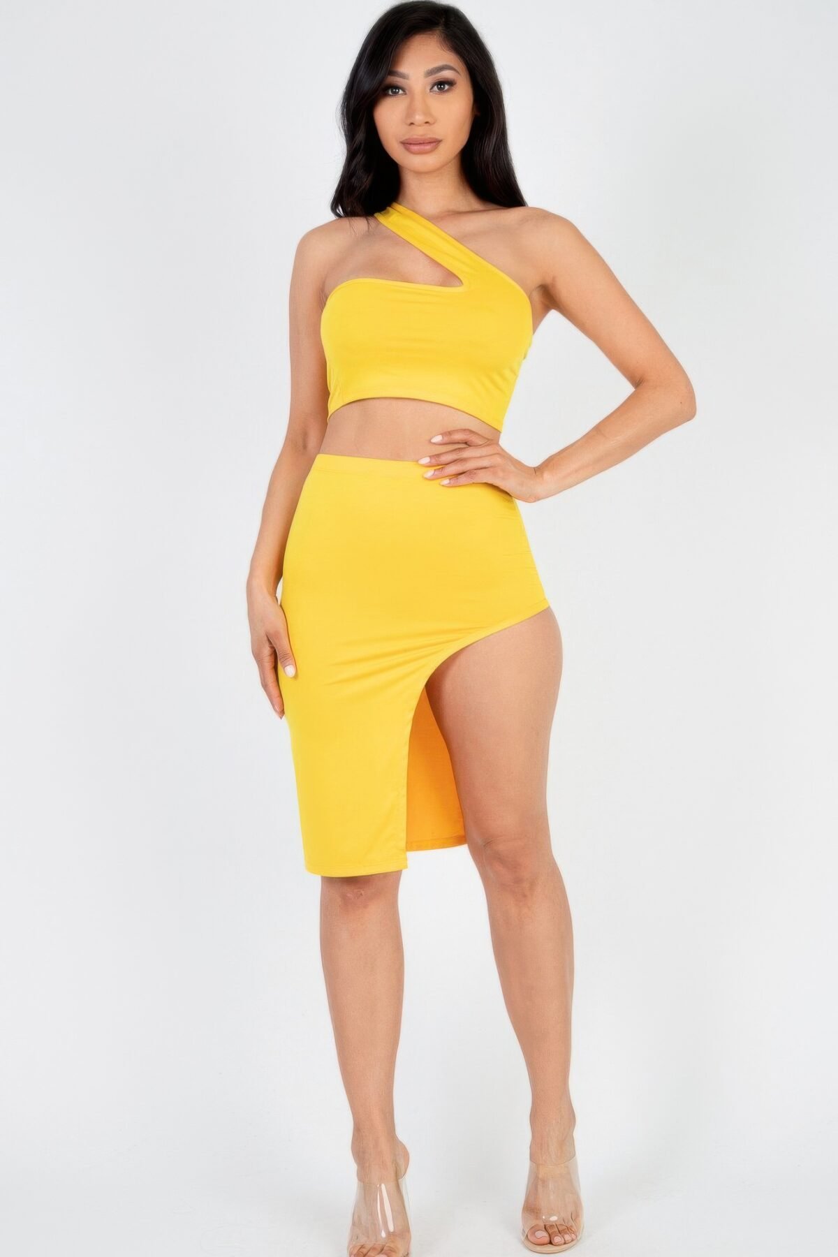 Sexy Solid One Shoulder Crop Top & Split Thigh Midi Skirt Set - Image 6
