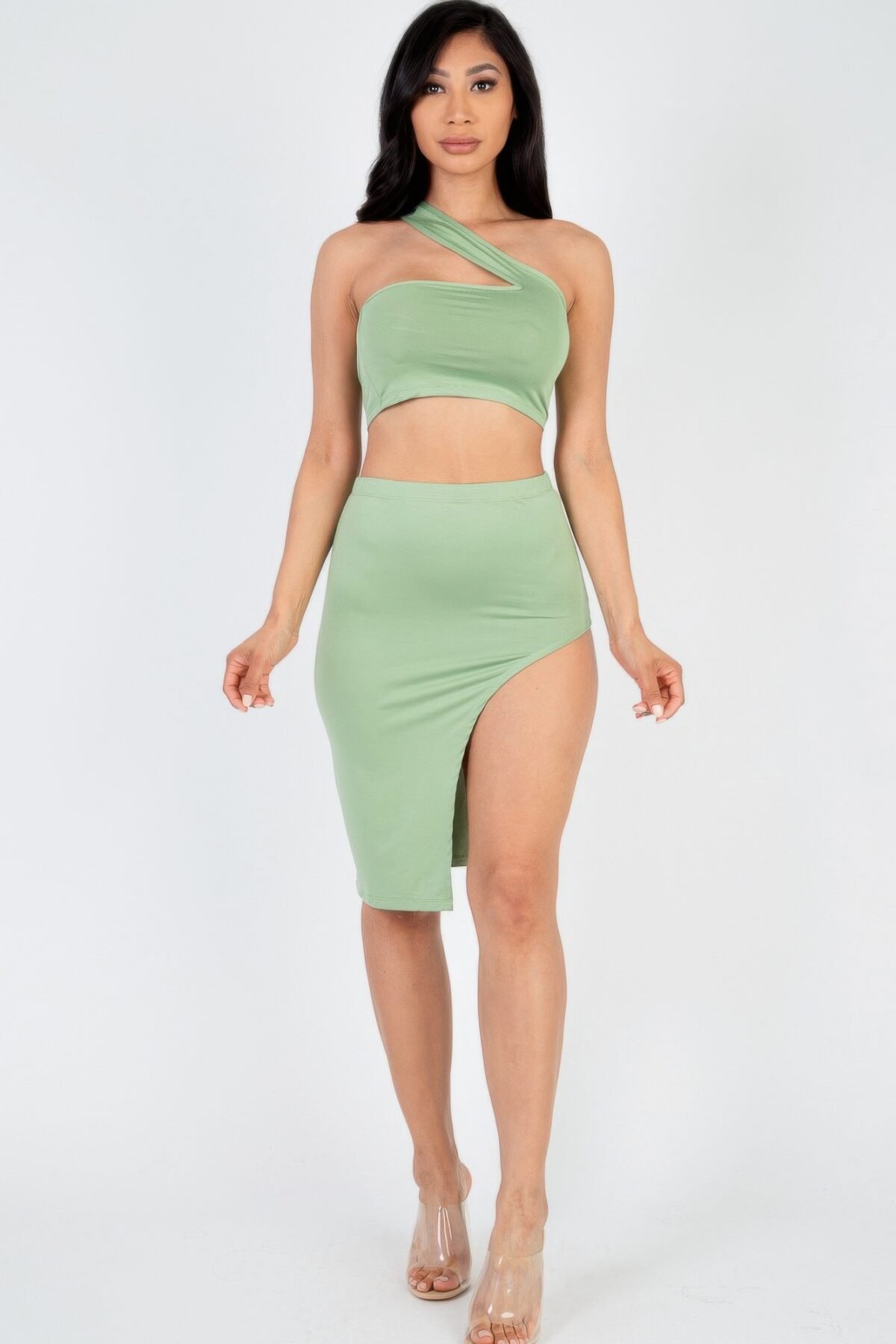 Sexy Solid One Shoulder Crop Top & Split Thigh Midi Skirt Set - Image 7