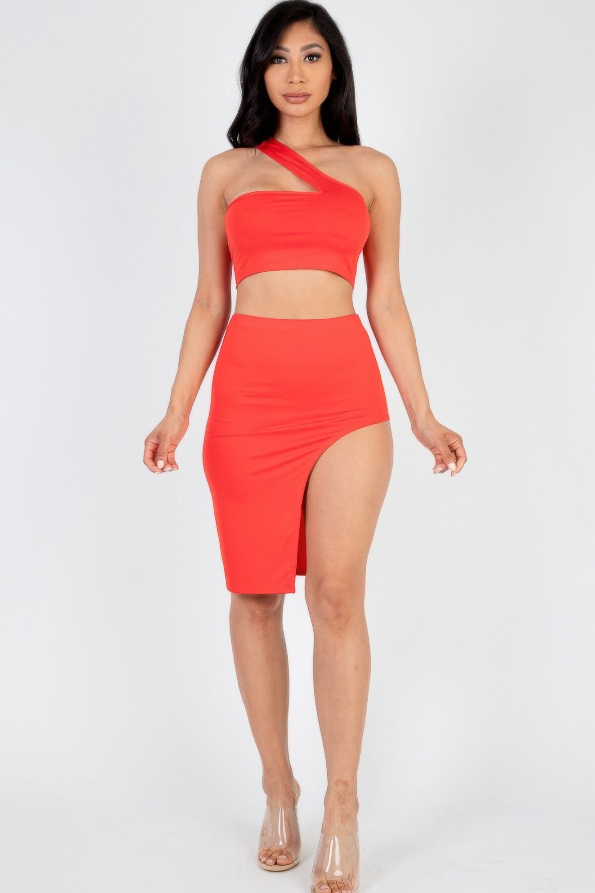 Sexy Solid One Shoulder Crop Top & Split Thigh Midi Skirt Set - Image 9