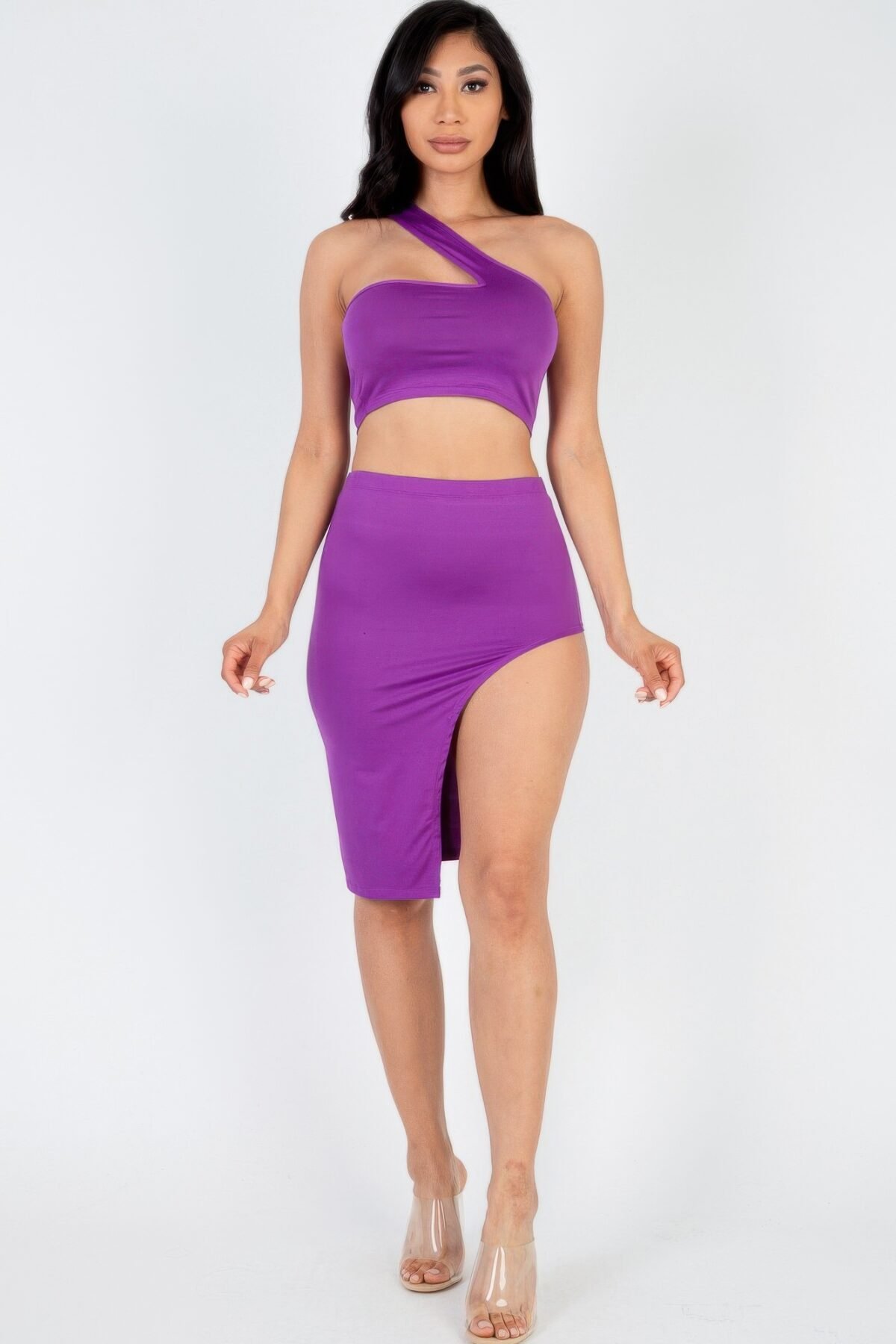 Sexy Solid One Shoulder Crop Top & Split Thigh Midi Skirt Set - Image 11