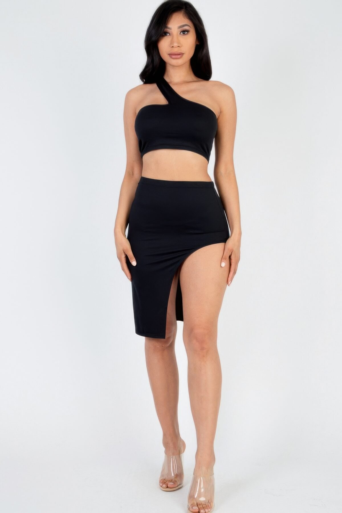 Sexy Solid One Shoulder Crop Top & Split Thigh Midi Skirt Set - Image 12