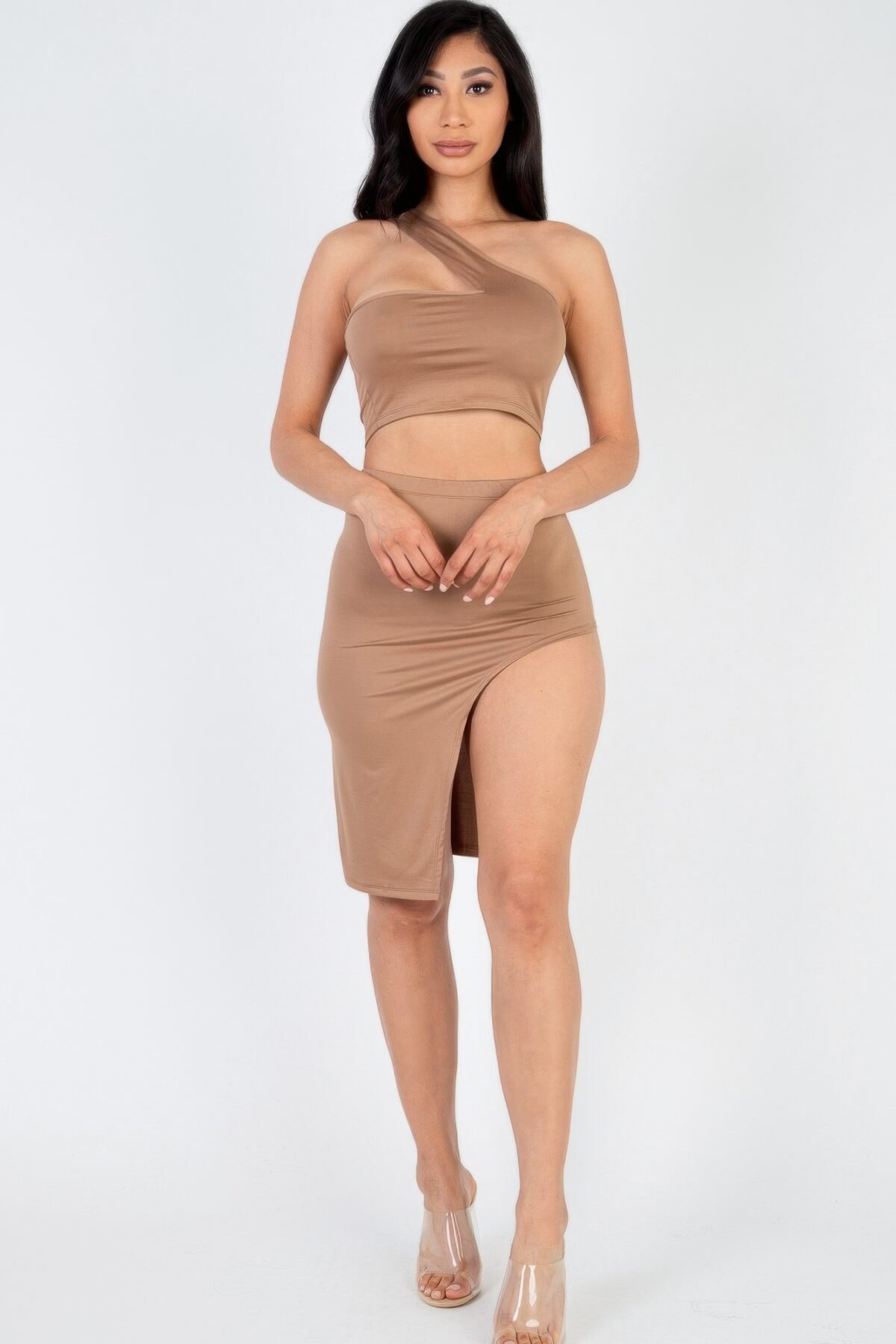 Sexy Solid One Shoulder Crop Top & Split Thigh Midi Skirt Set - Image 13