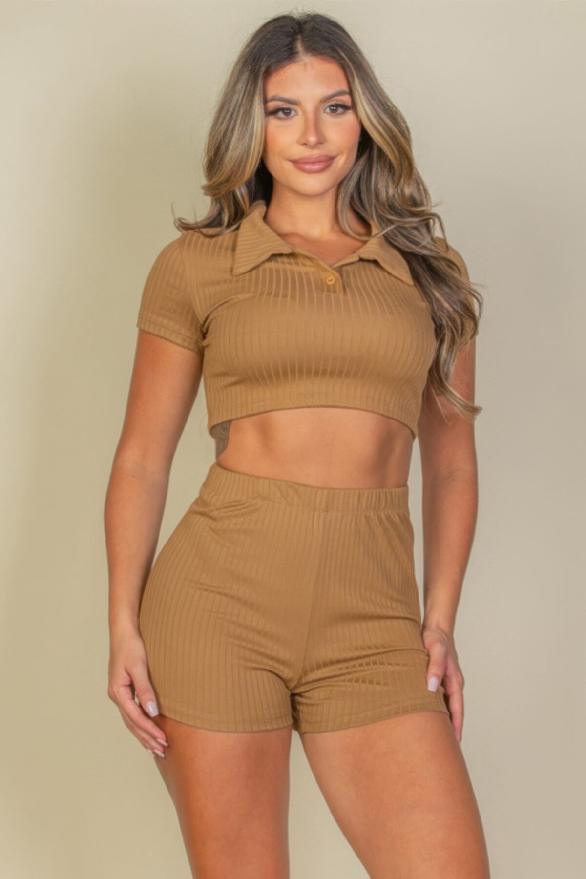 Ribbed Collared Short Sleeve Crop Top & Shorts Set - Image 1