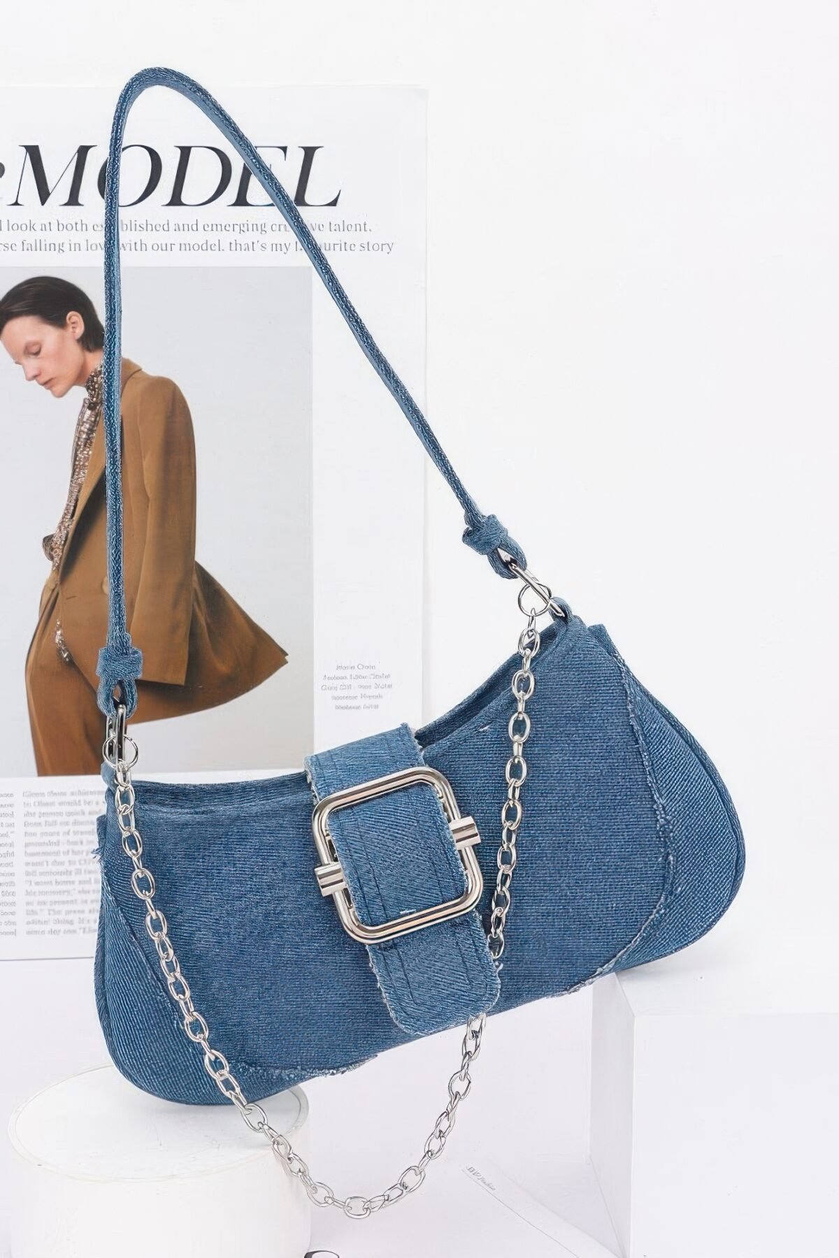 Faux Denim Handle Bag - Image 1