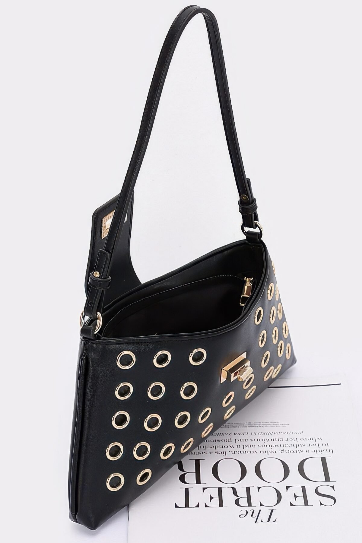 Faux Leather Eyelet Studded Shoulder Bag - Image 3