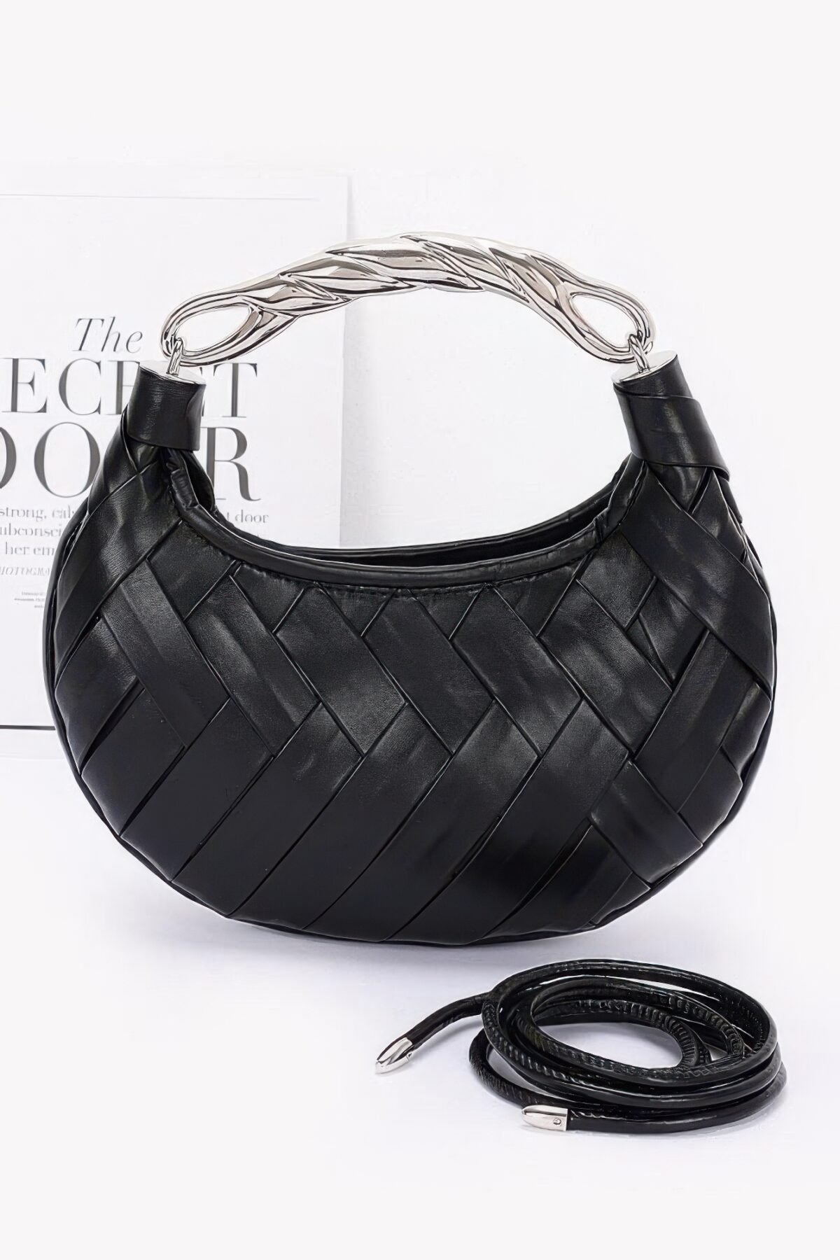 Faux Leather Braided Metal Handle Clutch - Image 1
