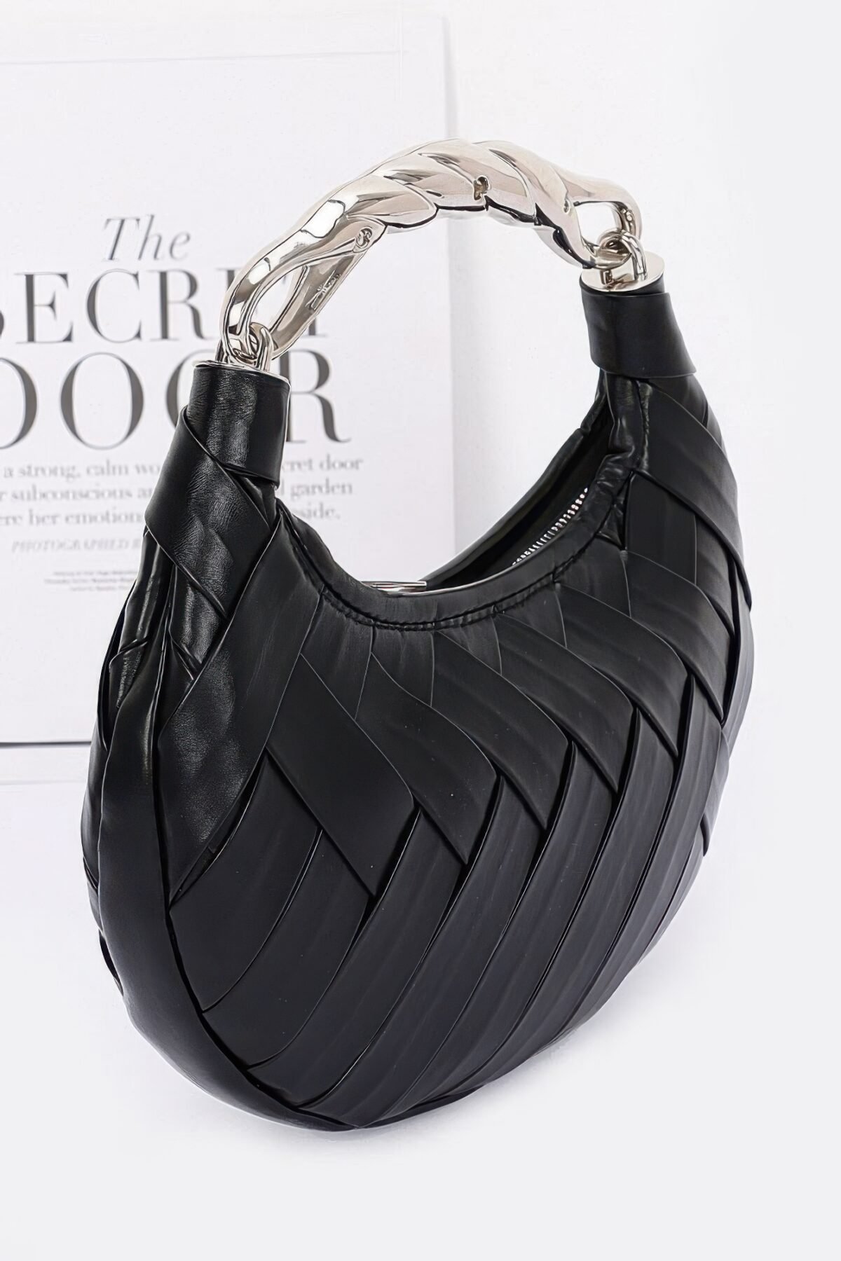 Faux Leather Braided Metal Handle Clutch - Image 2