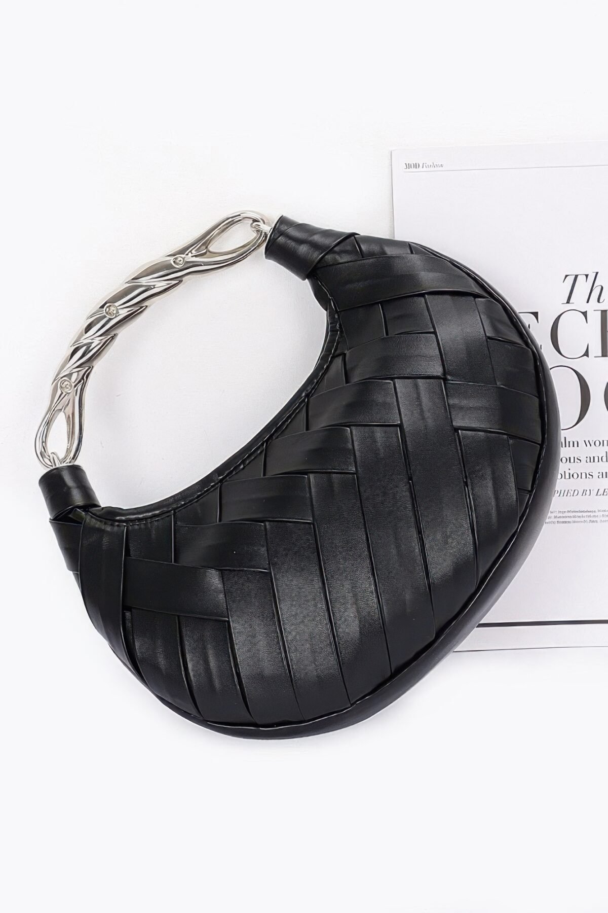 Faux Leather Braided Metal Handle Clutch - Image 3