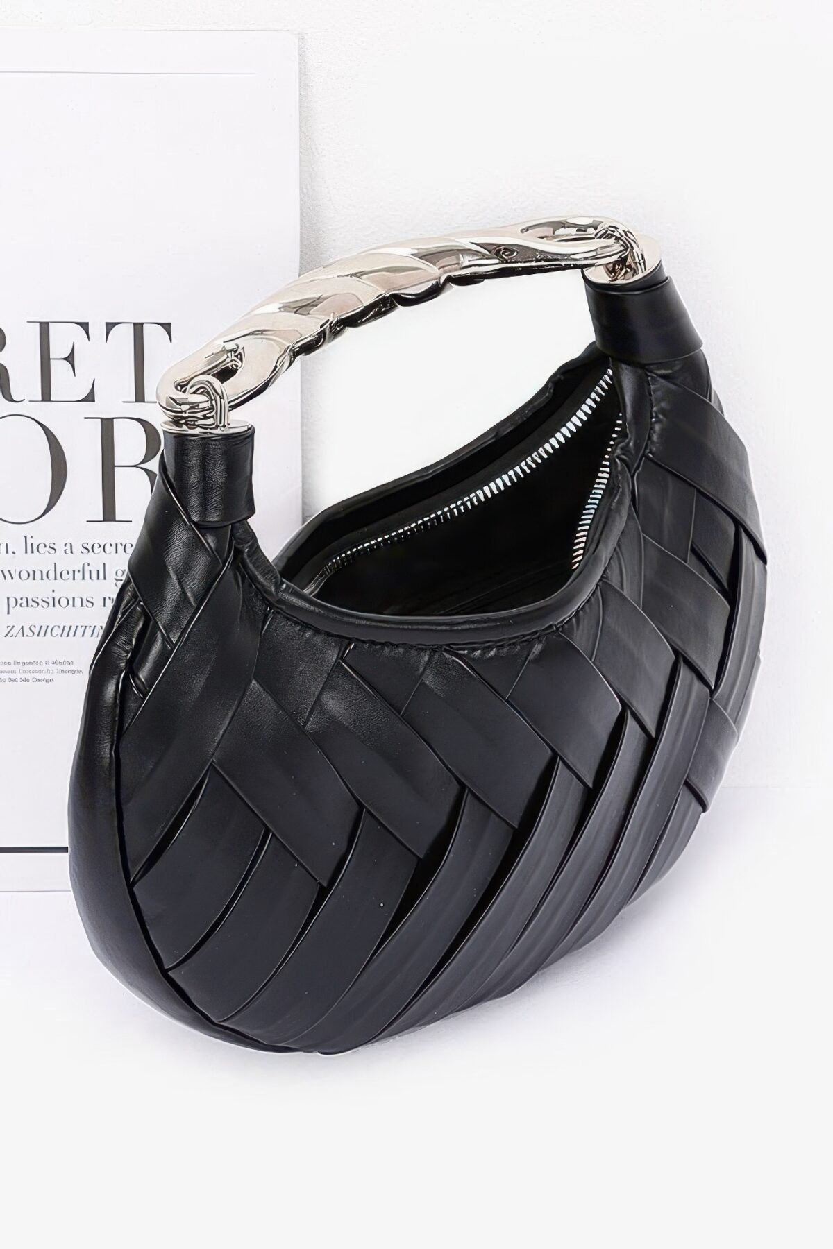 Faux Leather Braided Metal Handle Clutch - Image 5