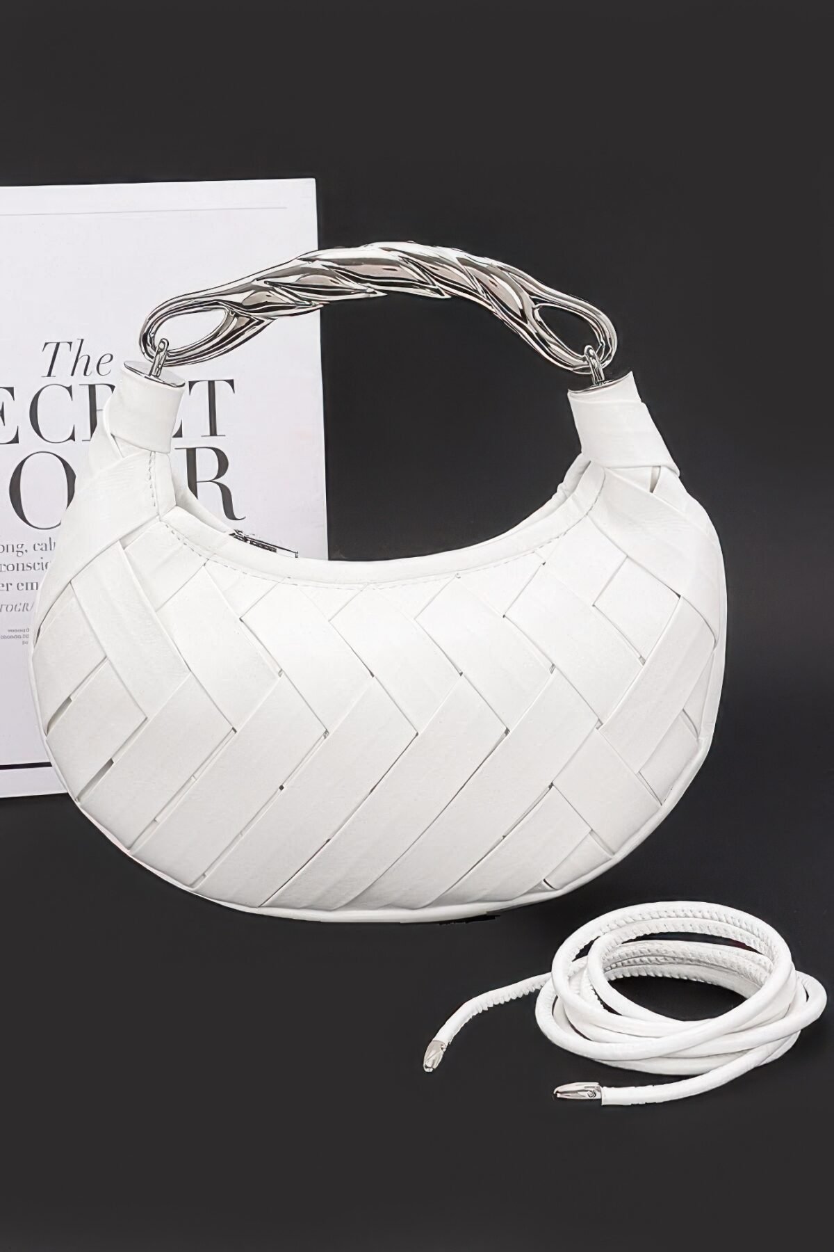 Faux Leather Braided Metal Handle Clutch - Image 7