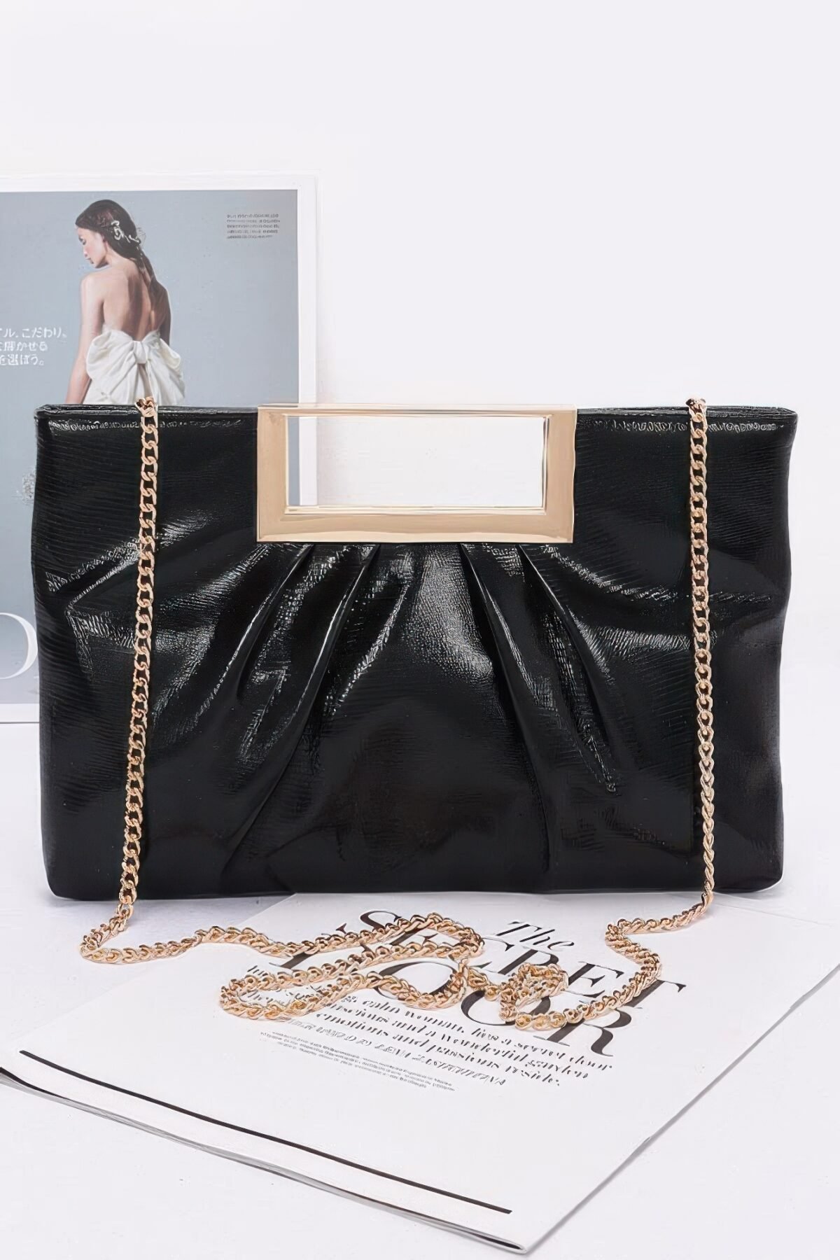 Faux Leather Metal Handle Clutch - Image 1