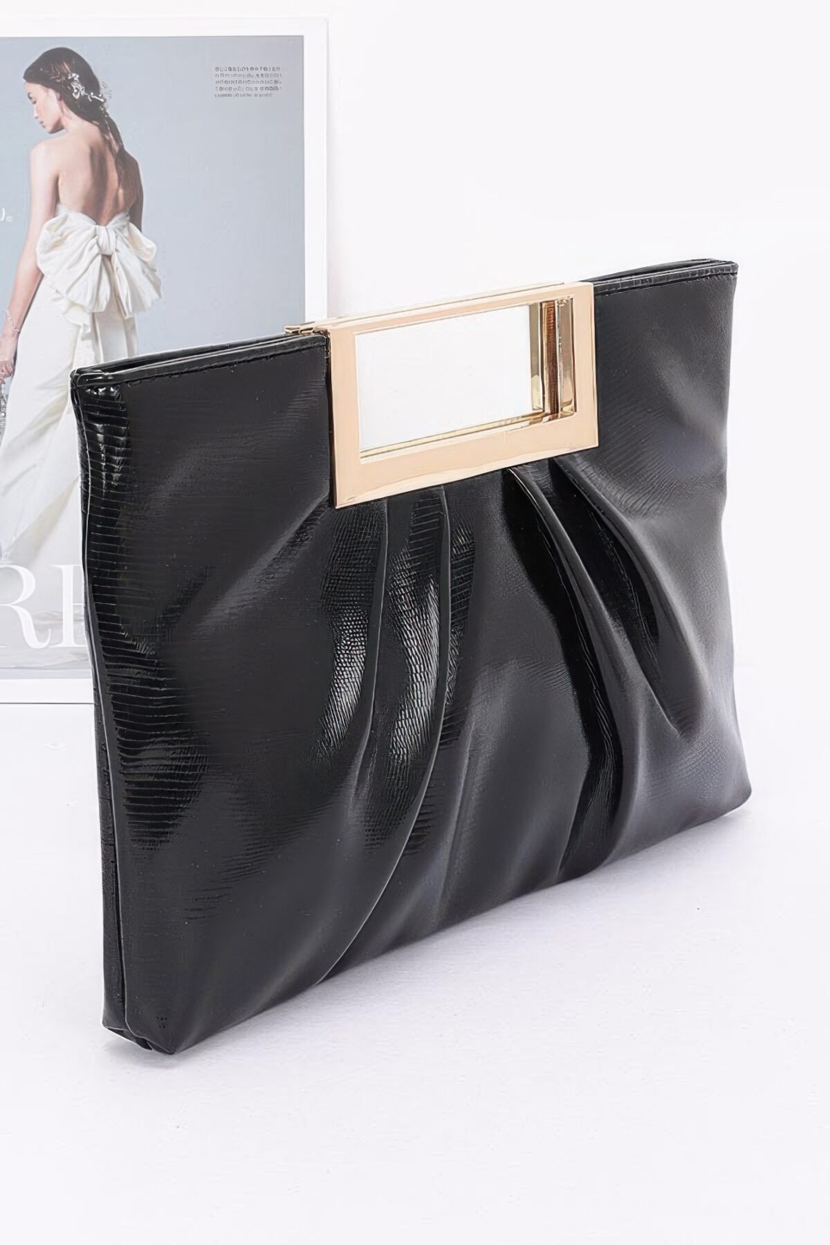 Faux Leather Metal Handle Clutch - Image 2