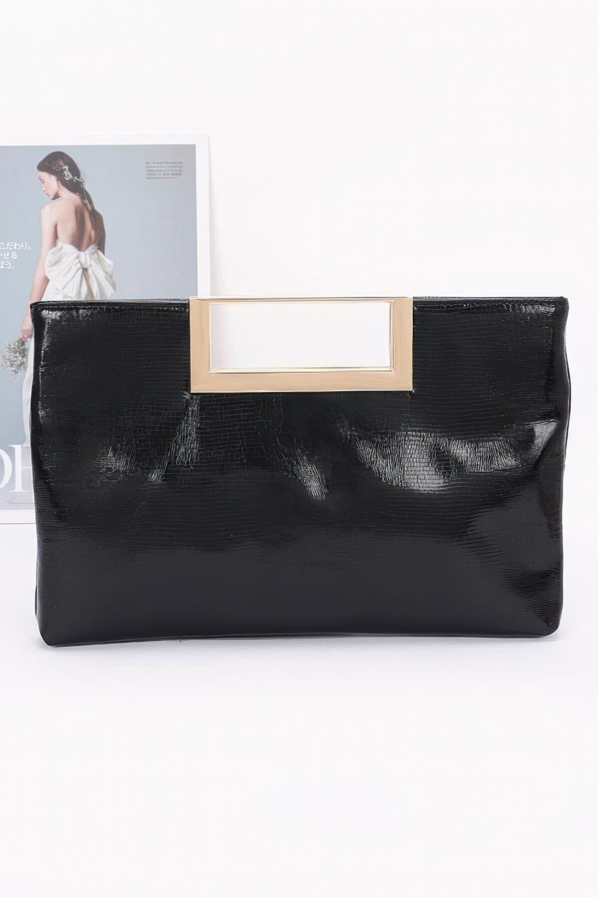 Faux Leather Metal Handle Clutch - Image 3