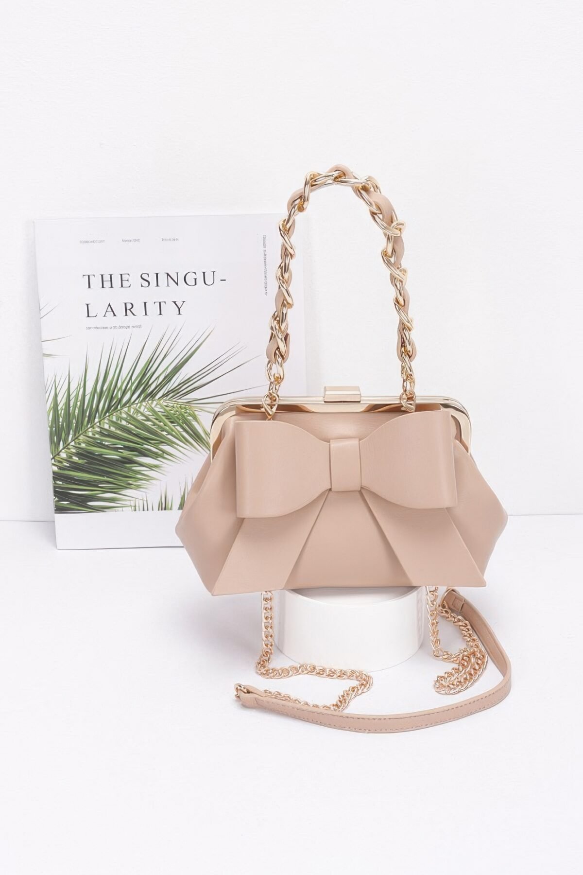 Faux Leather Ribbon Chain Handle Party Clutch - Image 1