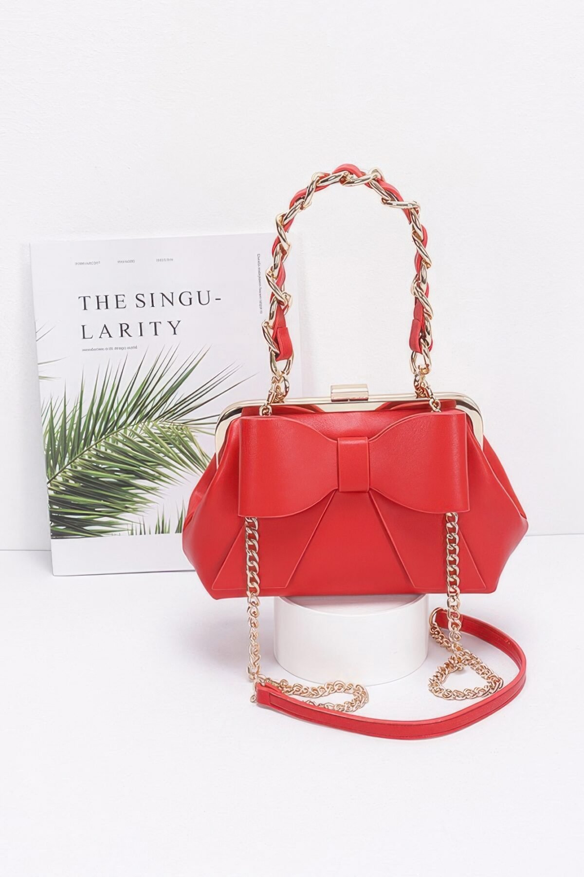 Faux Leather Ribbon Chain Handle Party Clutch - Image 6