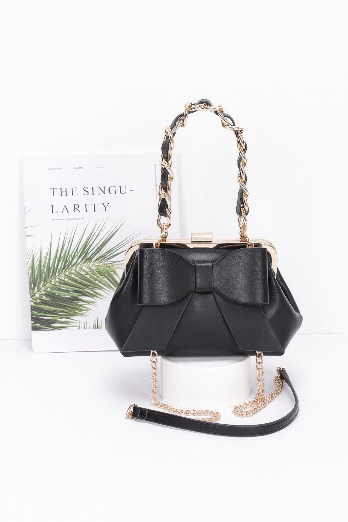 Faux Leather Ribbon Chain Handle Party Clutch - Image 7