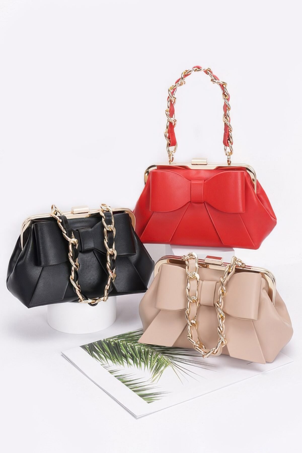 Faux Leather Ribbon Chain Handle Party Clutch - Image 8