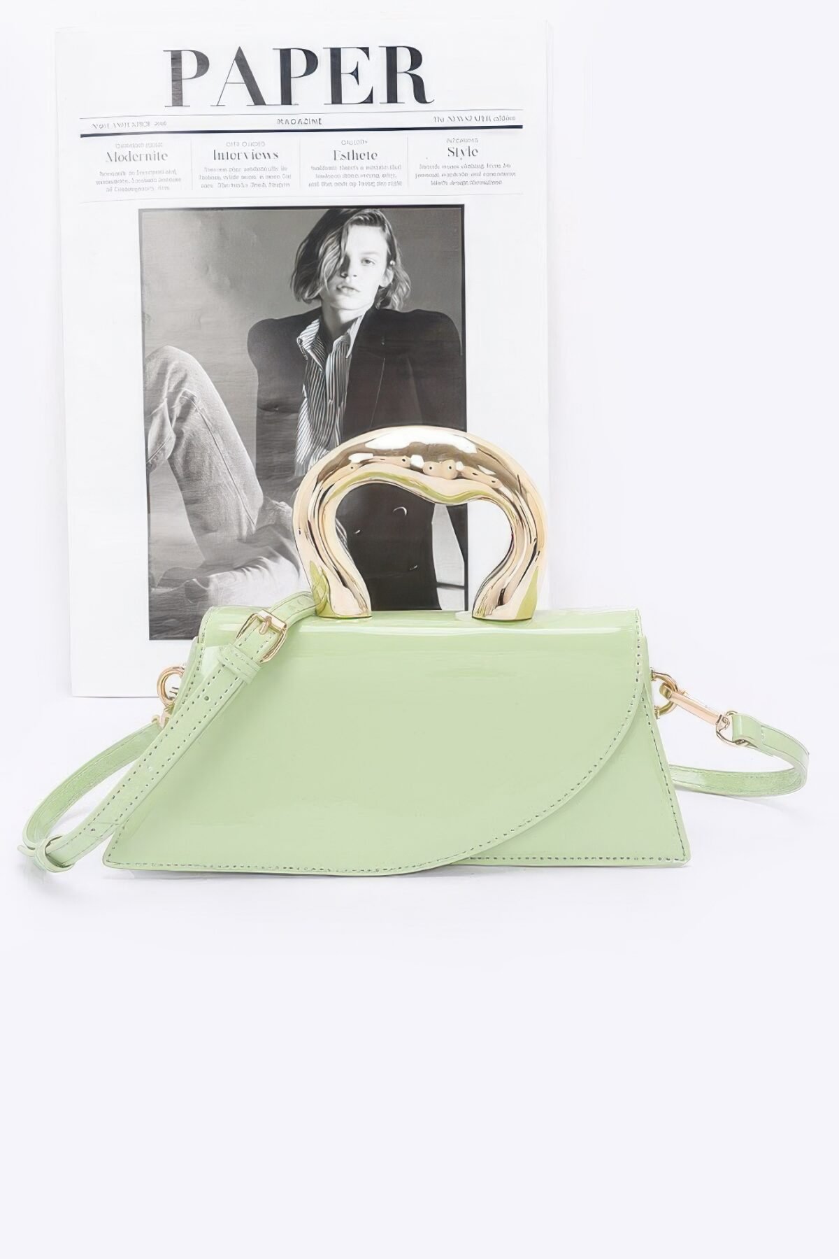 Faux Leather Metal Handle Flap Bag - Image 1