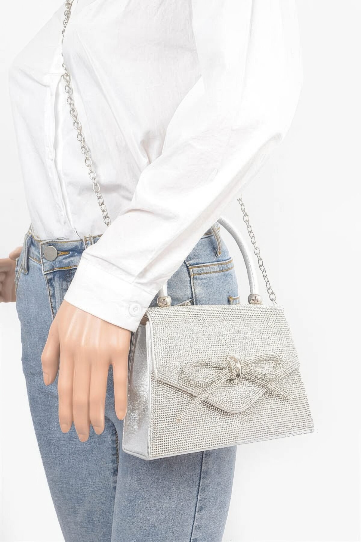 Rhinestone Ribbon Top Handle Bag - Image 8