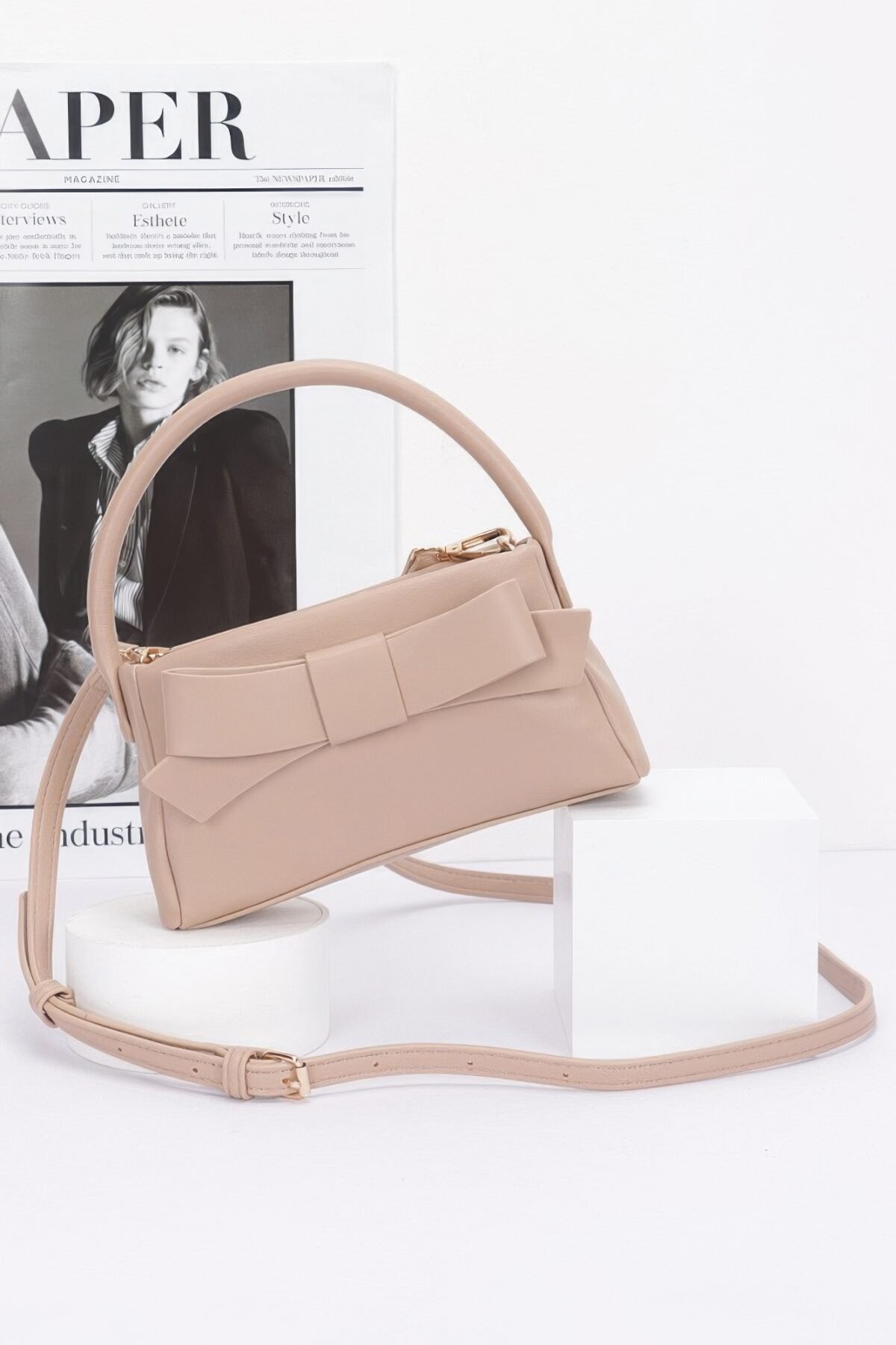 Faux Leather Ribbon Top Handle Clutch - Image 1