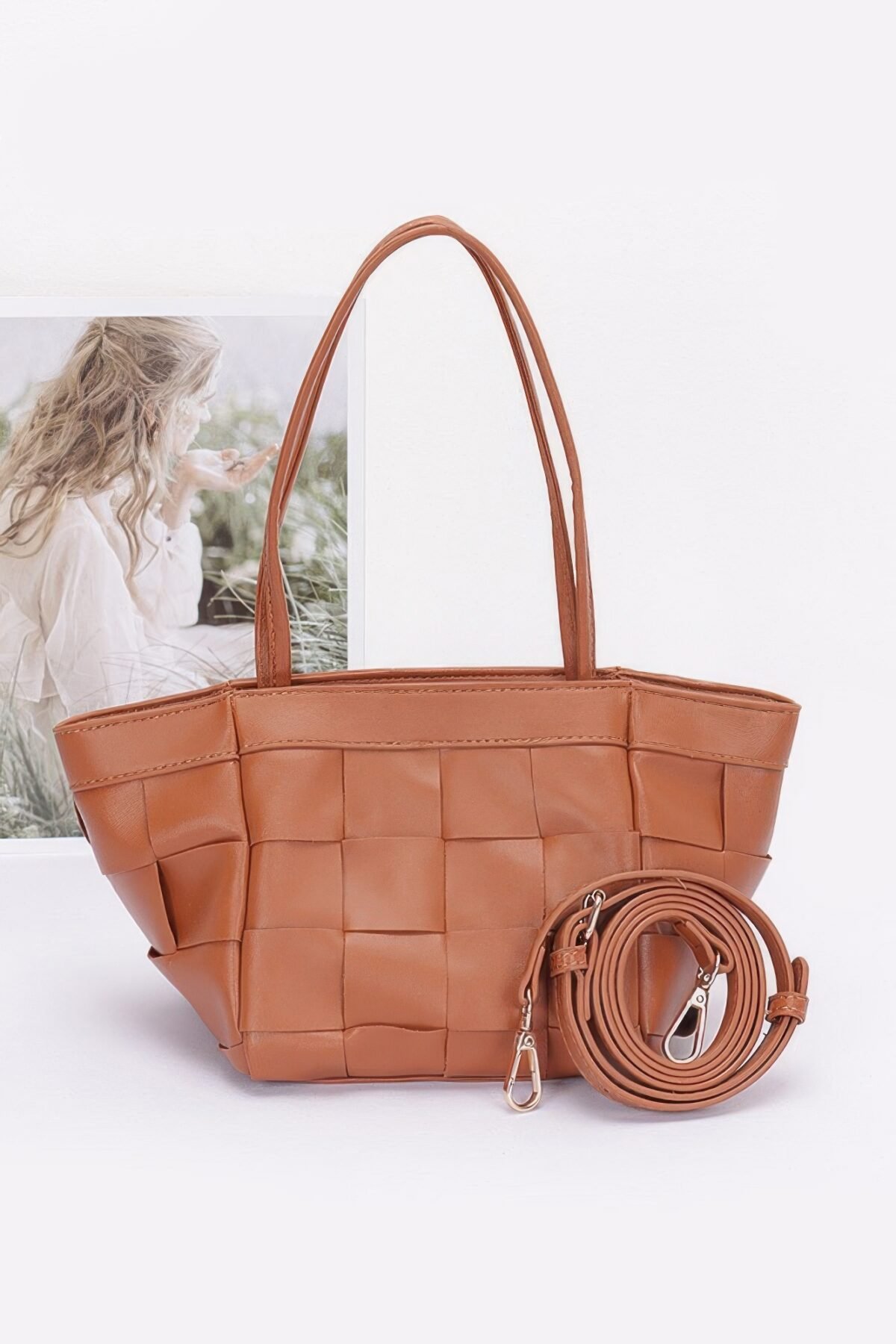Faux Leather Braided Tote Bag - Image 5