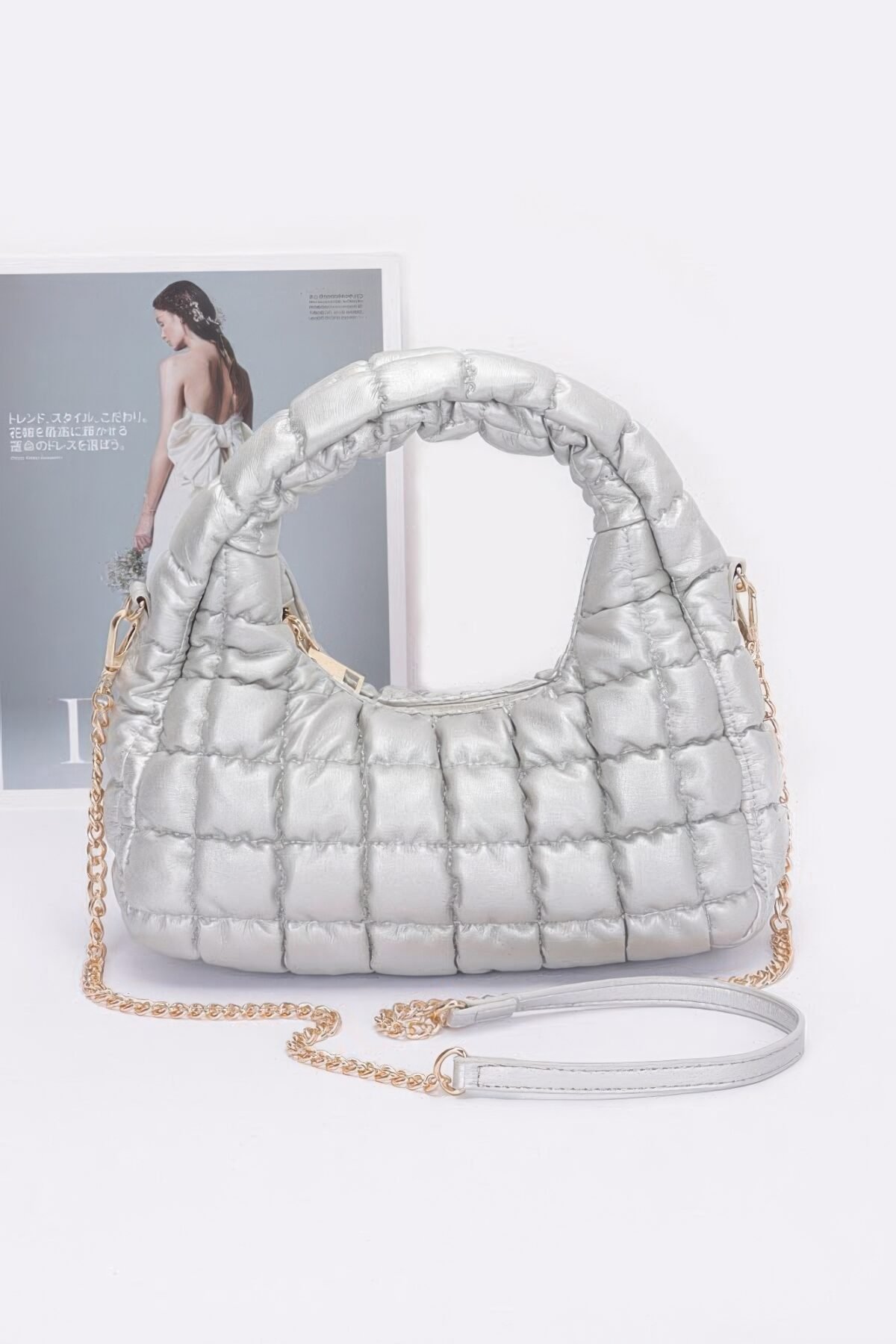 Quilted Faux Leather Padded Hobo Bag - Image 6