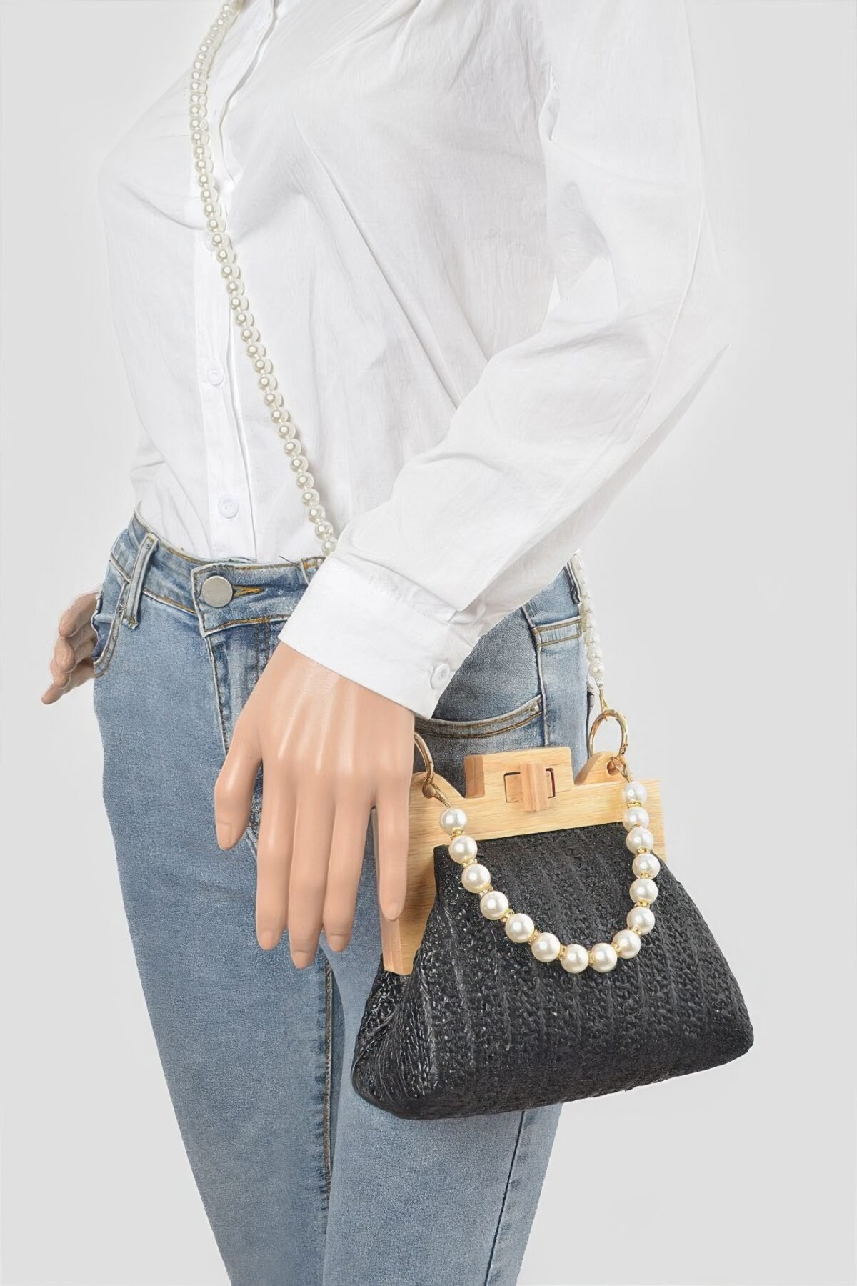 Faux Straw Wood Frame Clutch W/ Faux Pearl Chain - Image 2