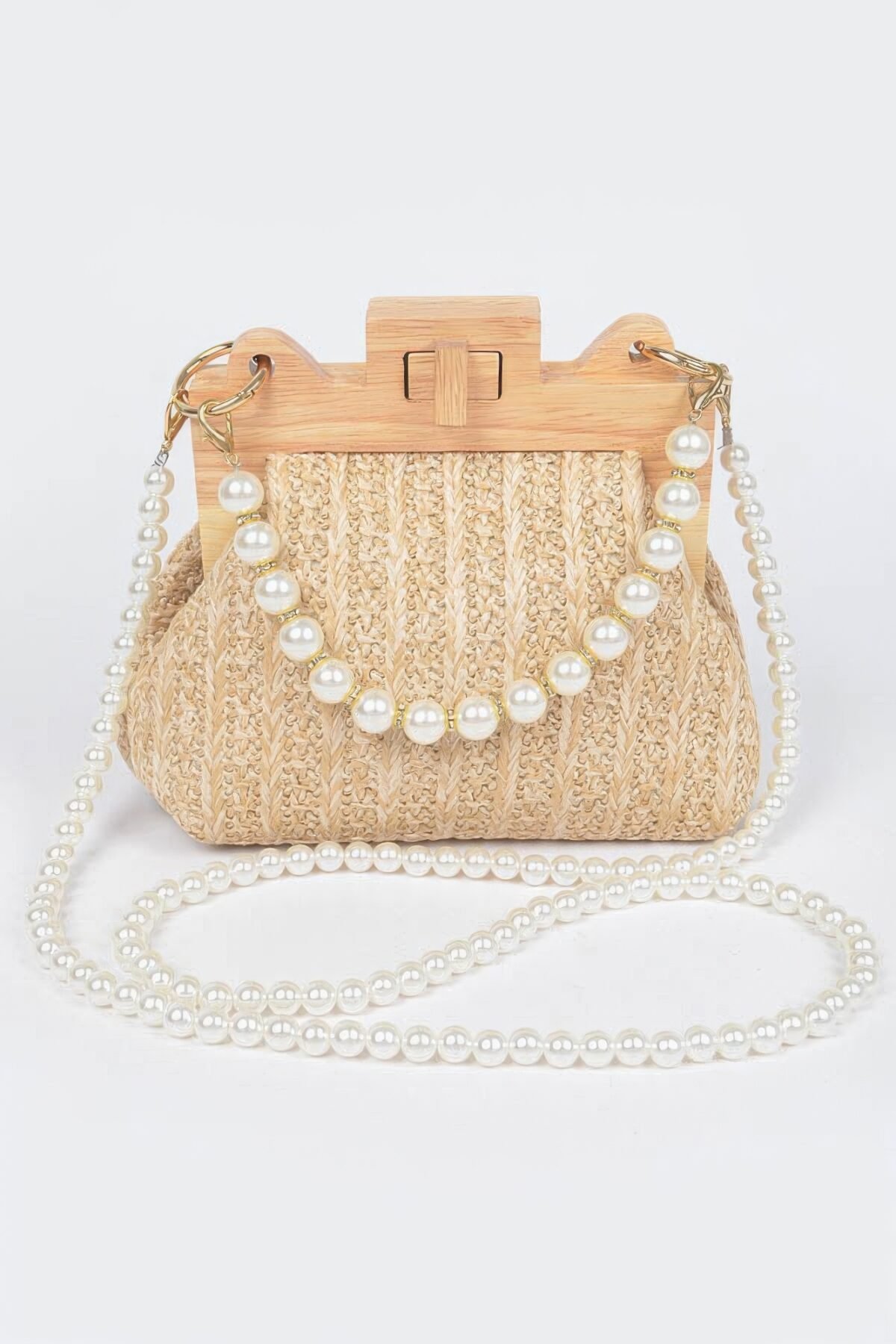 Faux Straw Wood Frame Clutch W/ Faux Pearl Chain - Image 8