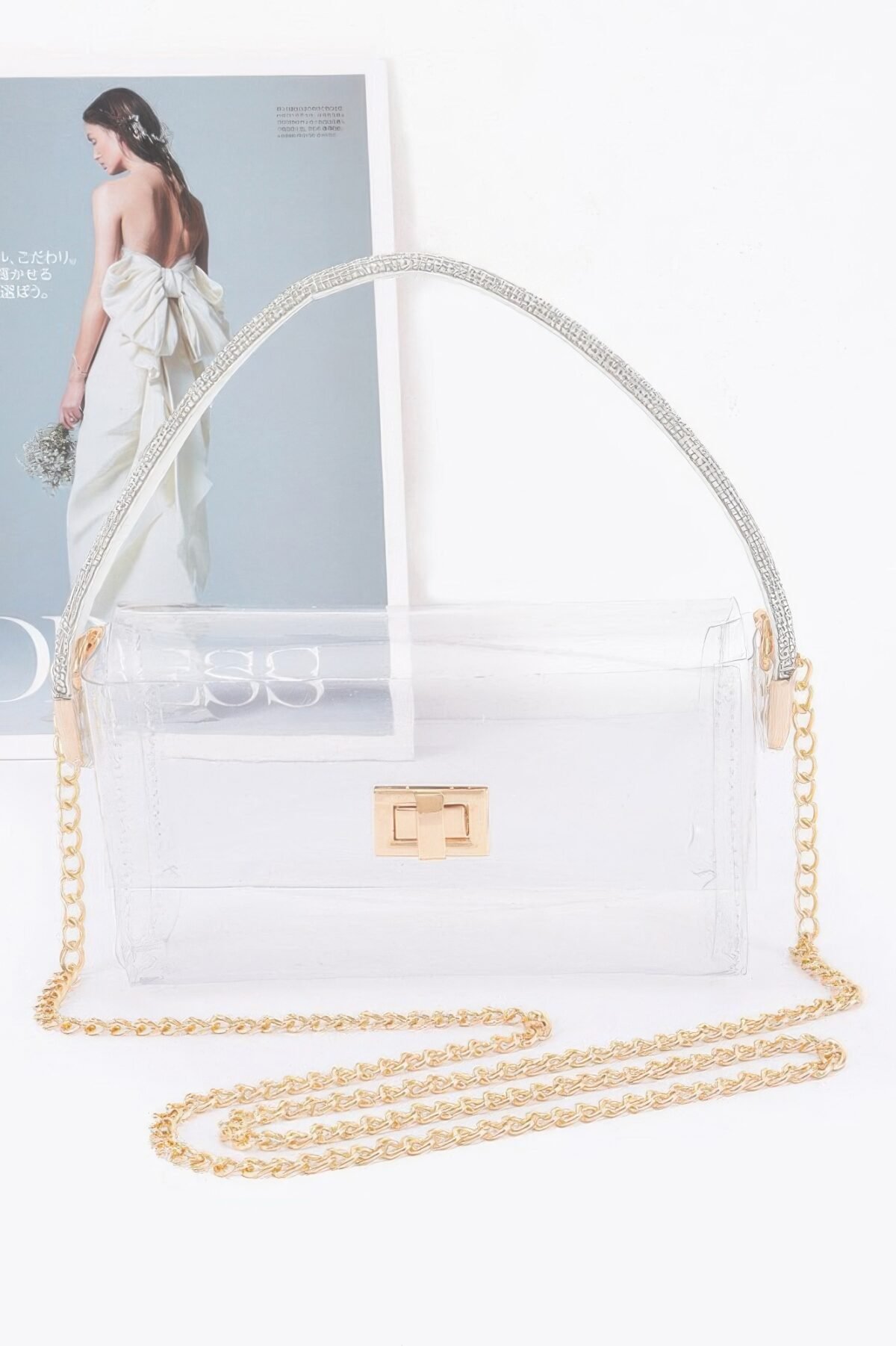 Transparent Rhinestone Top Handle Flap Bag - Image 6