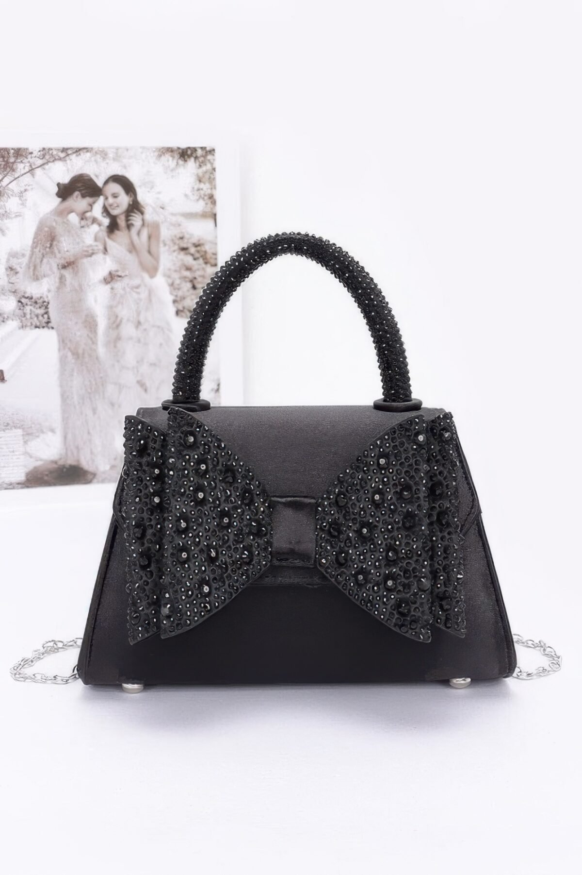 Rhinestone Ribbon Top Handle Satin Flap Bag - Image 1