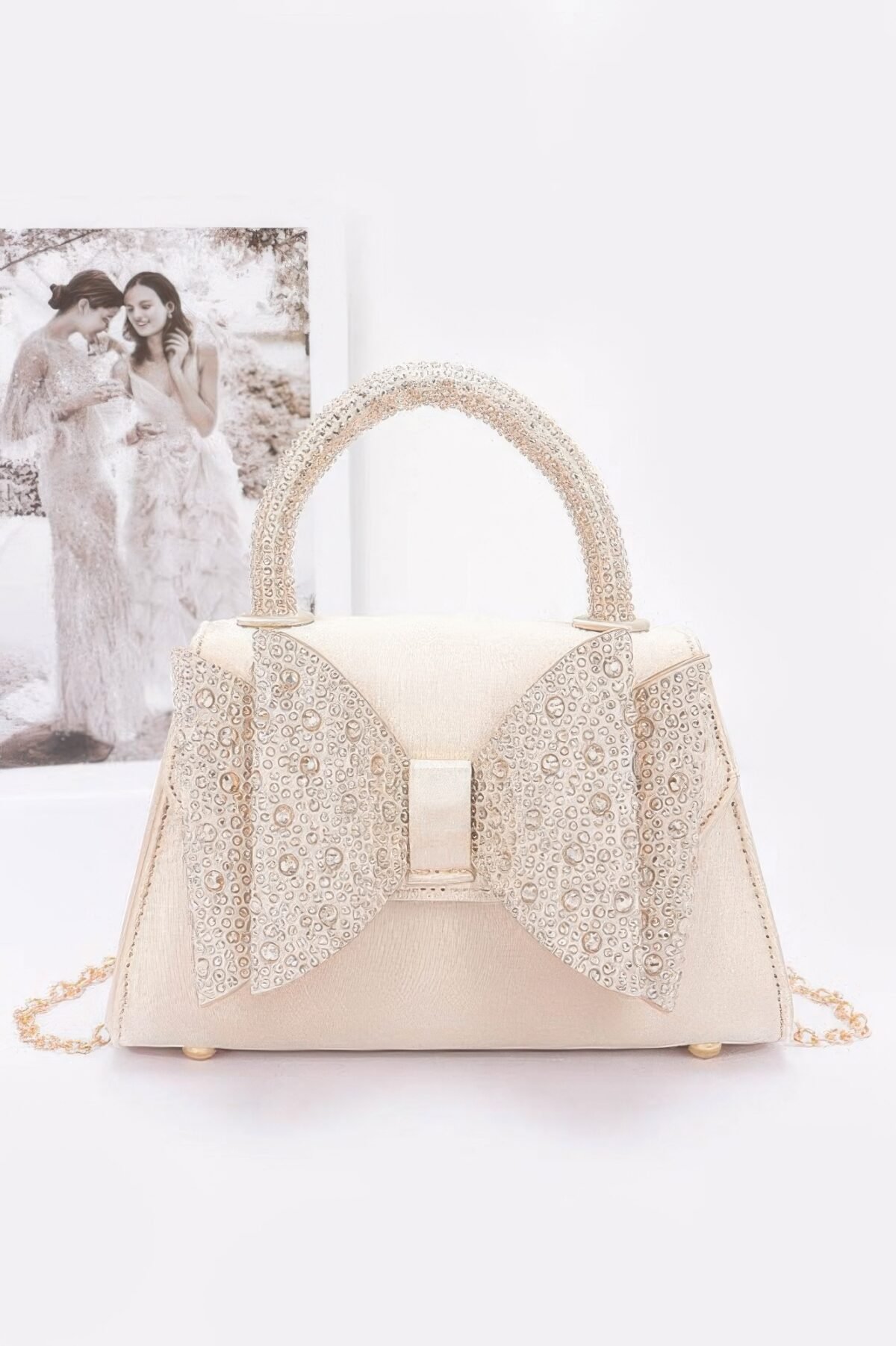 Rhinestone Ribbon Top Handle Satin Flap Bag - Image 2